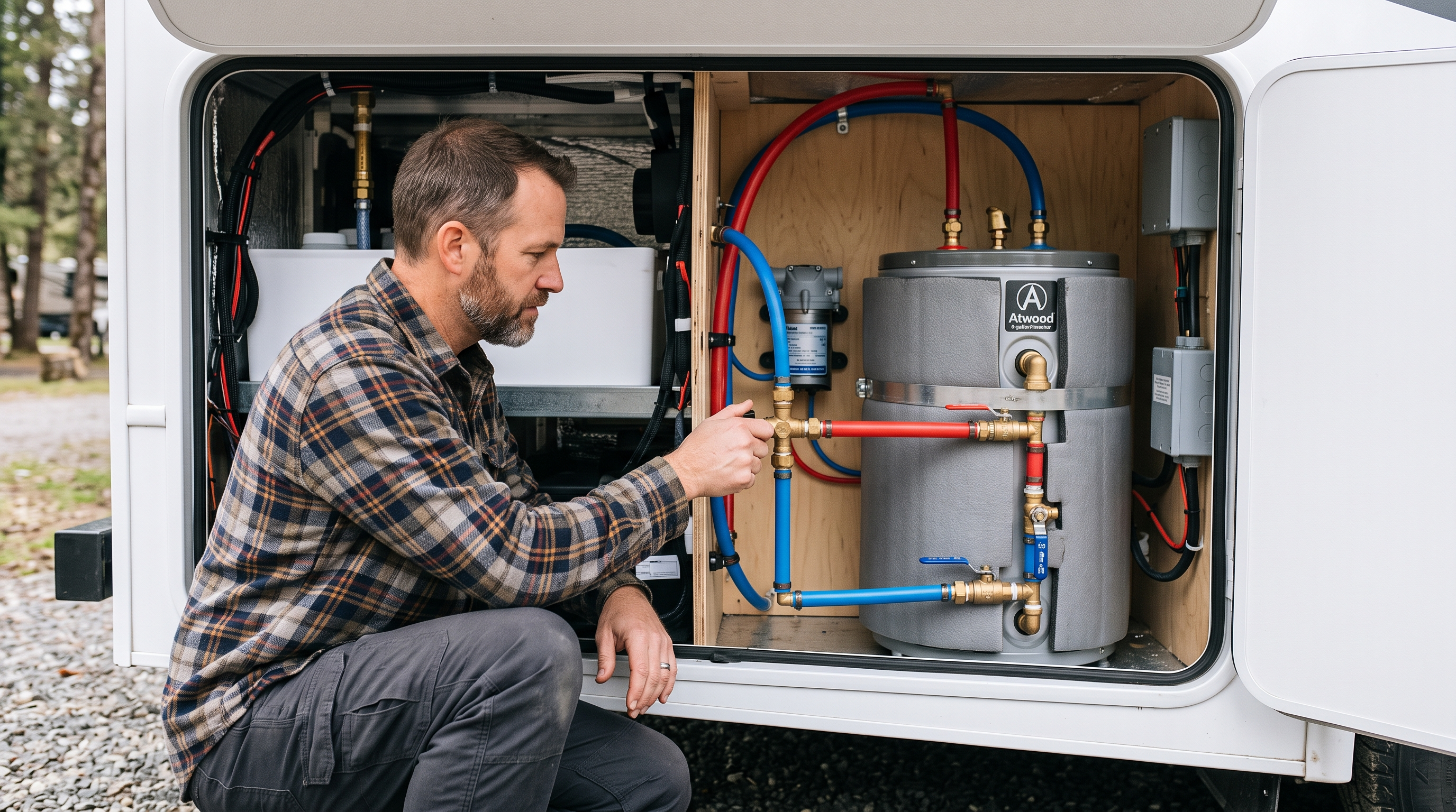 RV maintenance checklist beside a clean water heater access compartment