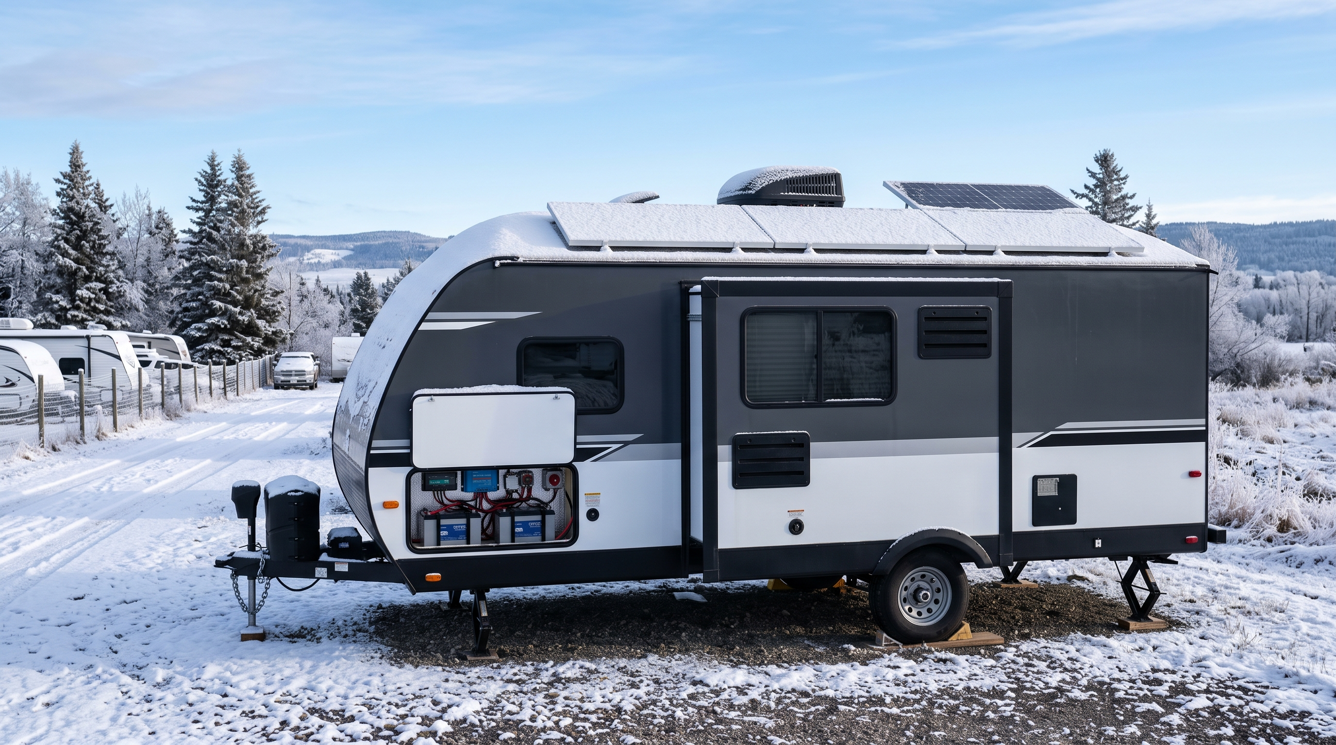 Travel trailer with rooftop solar panels in clean Canadian winter storage