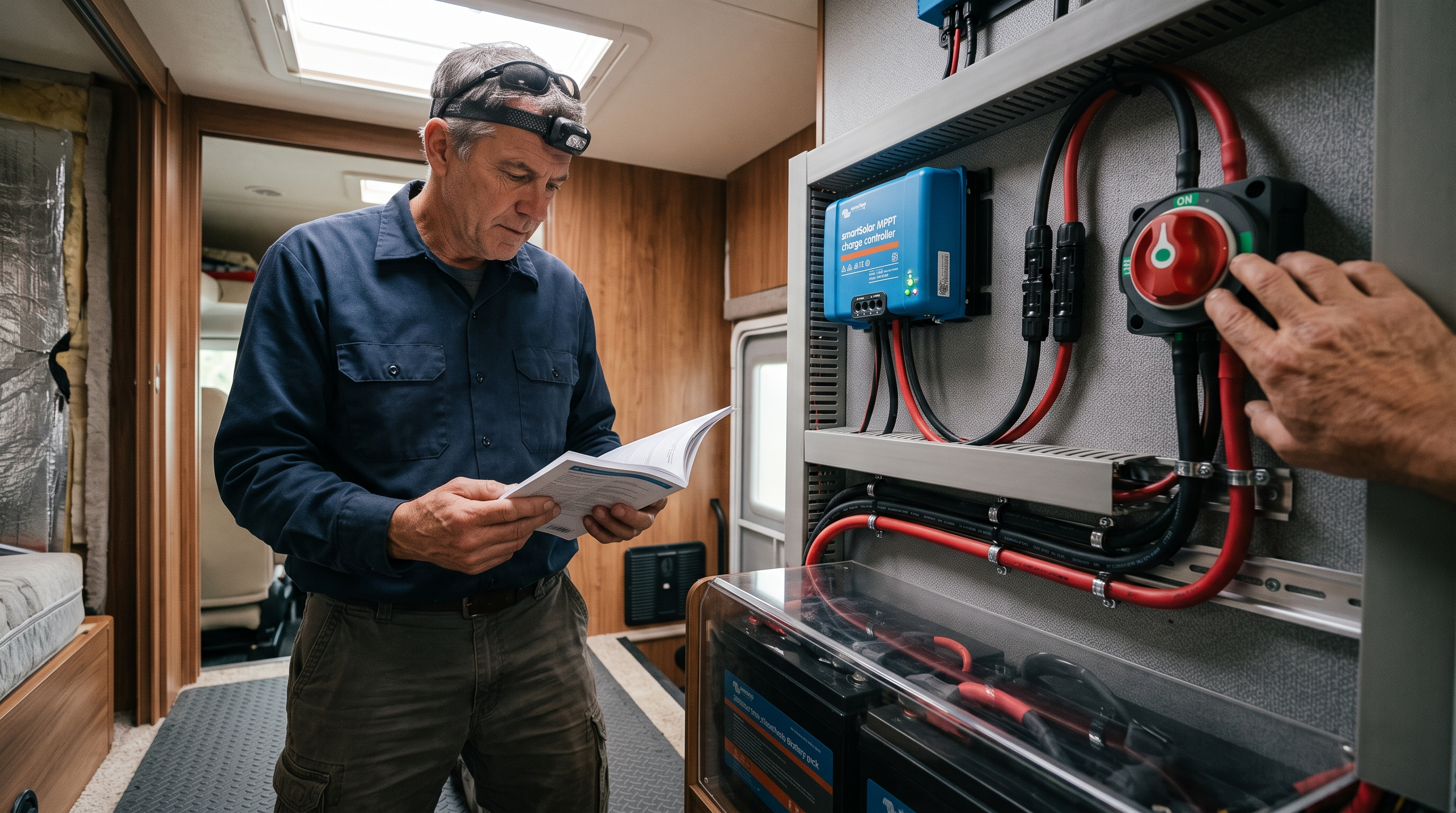 RV owner operating labelled solar and battery disconnects in a protected electrical compartment