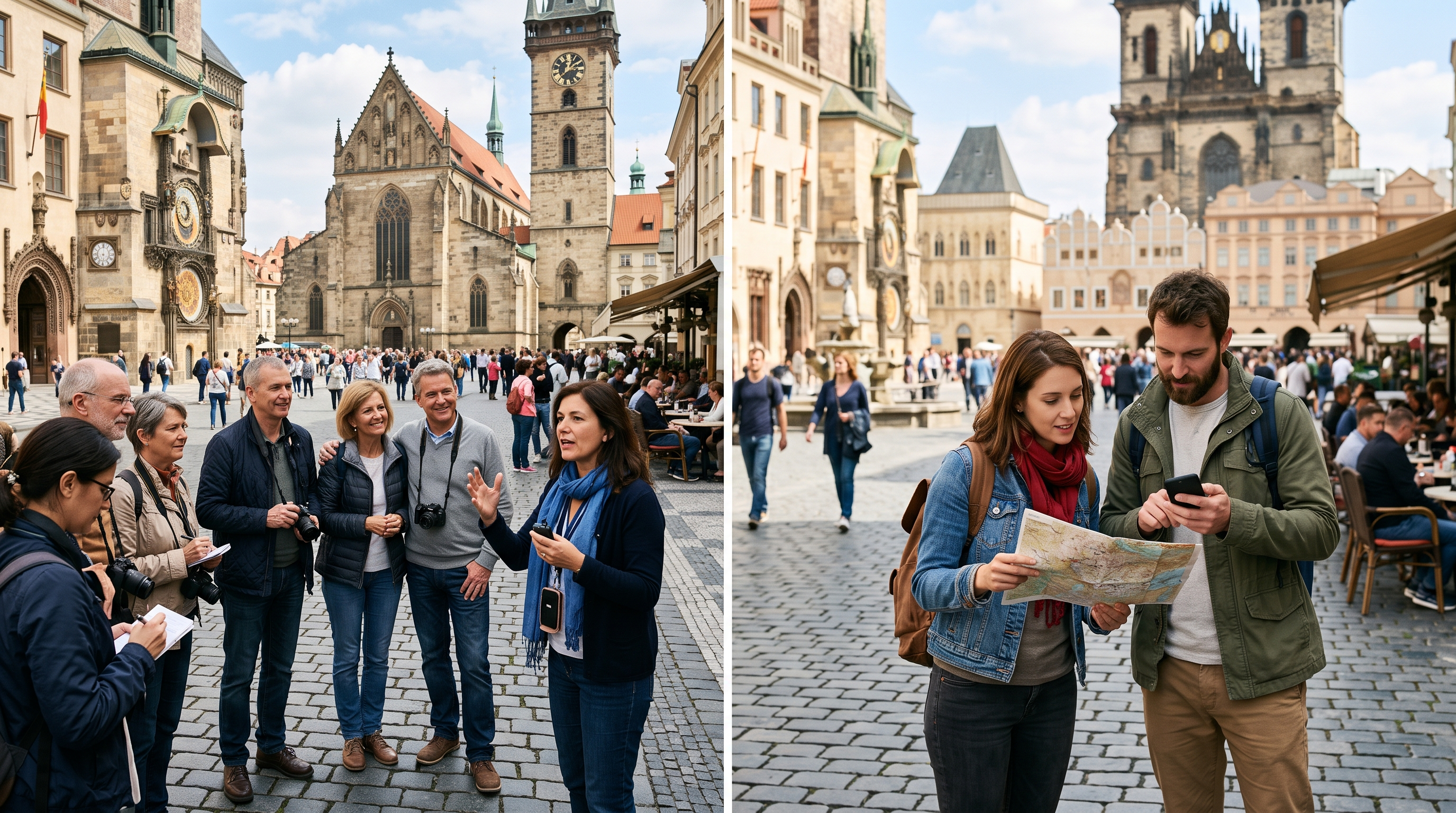 Travellers comparing a guided group experience with an independent city route