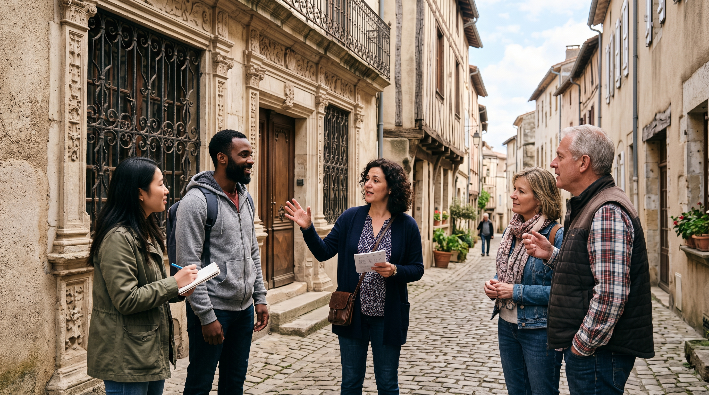 Small guided travel group listening to a knowledgeable local guide at a historic site