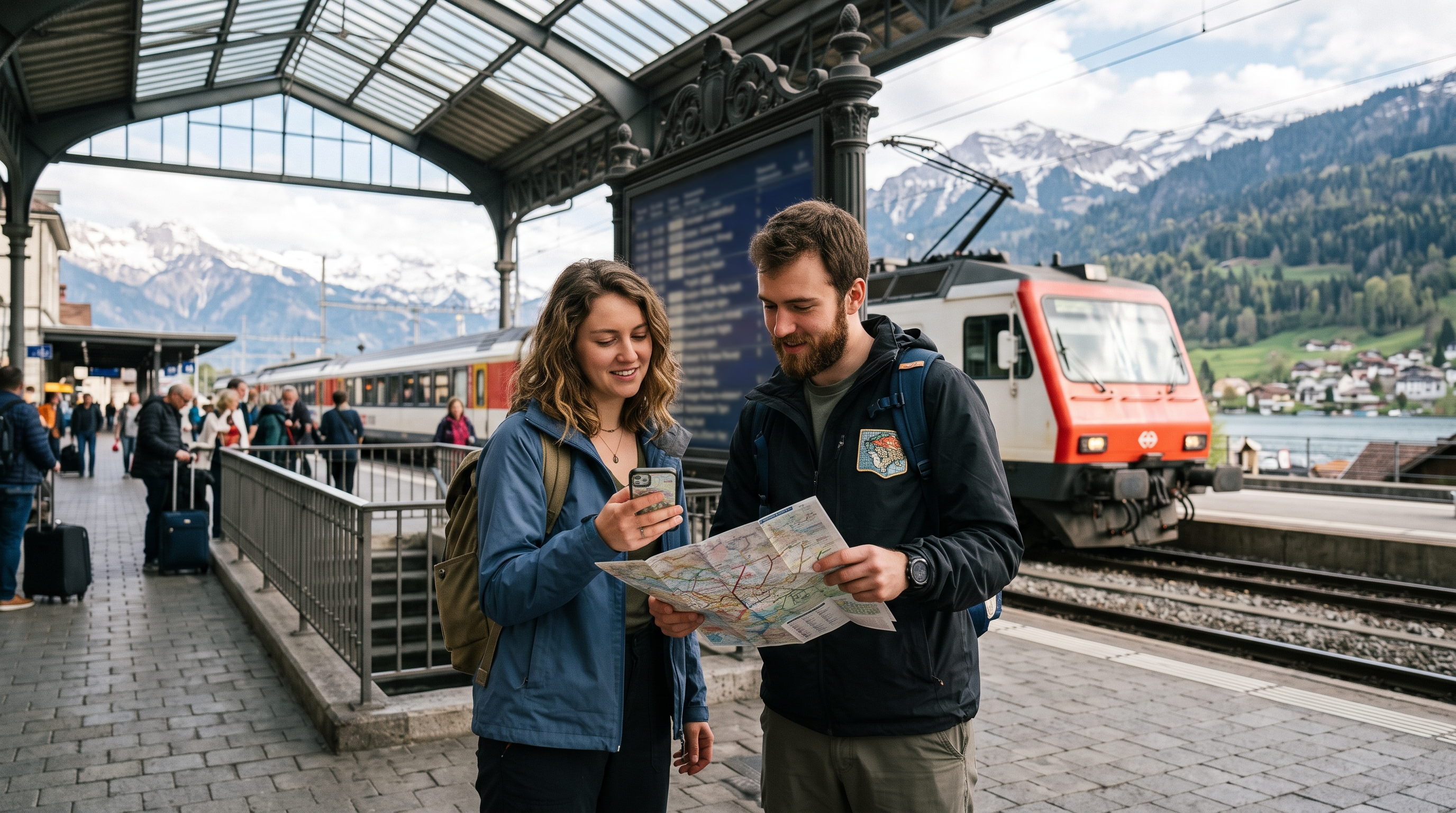 Independent travellers calmly navigating a scenic rail journey with maps and reservations