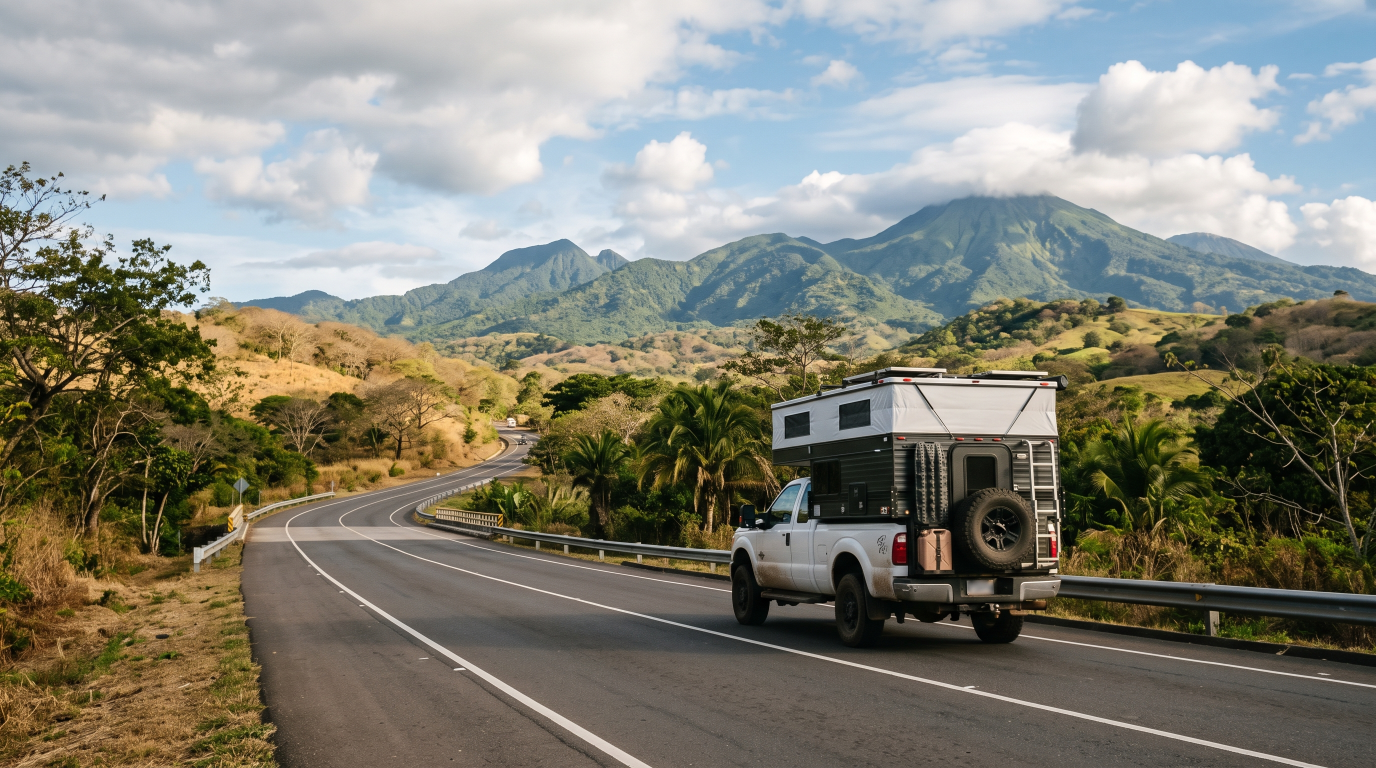 Overland camper vehicle entering northern Costa Rica on a paved tropical road