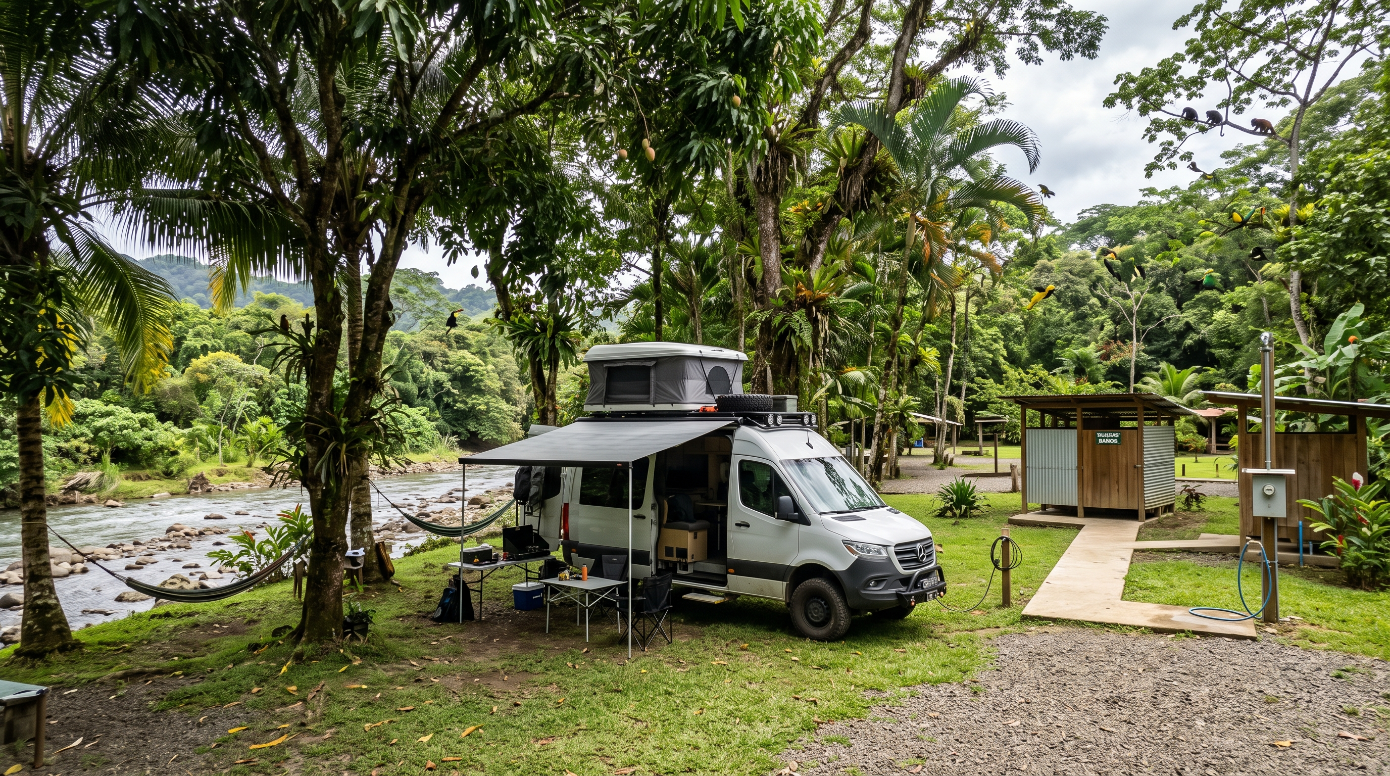 Different overlanding vehicles parked safely at a northern Costa Rica campground
