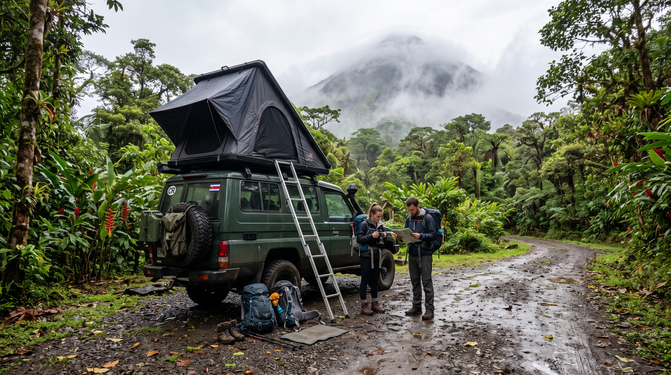 Campervan parked near the rainforest landscape of Bijagua and Rio Celeste