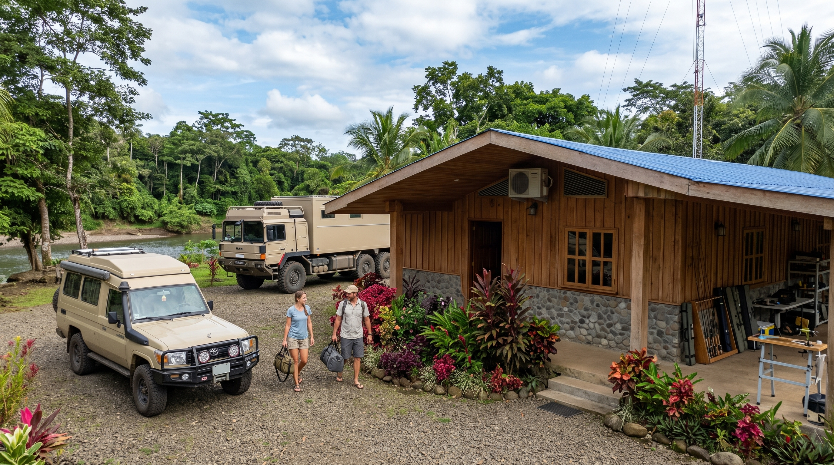 Overlanders arriving safely at a simple riverside lodge near Upala Costa Rica