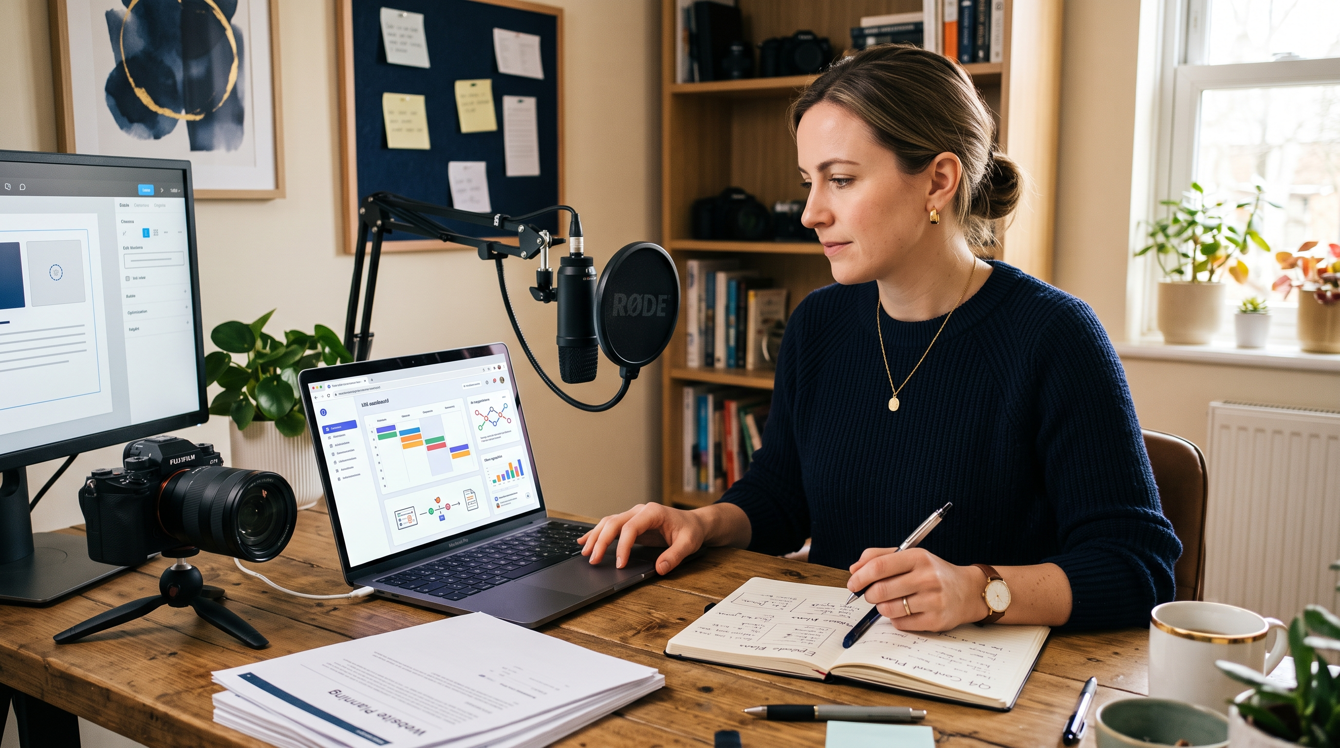 Independent content creator directing and reviewing an AI-assisted publishing workflow