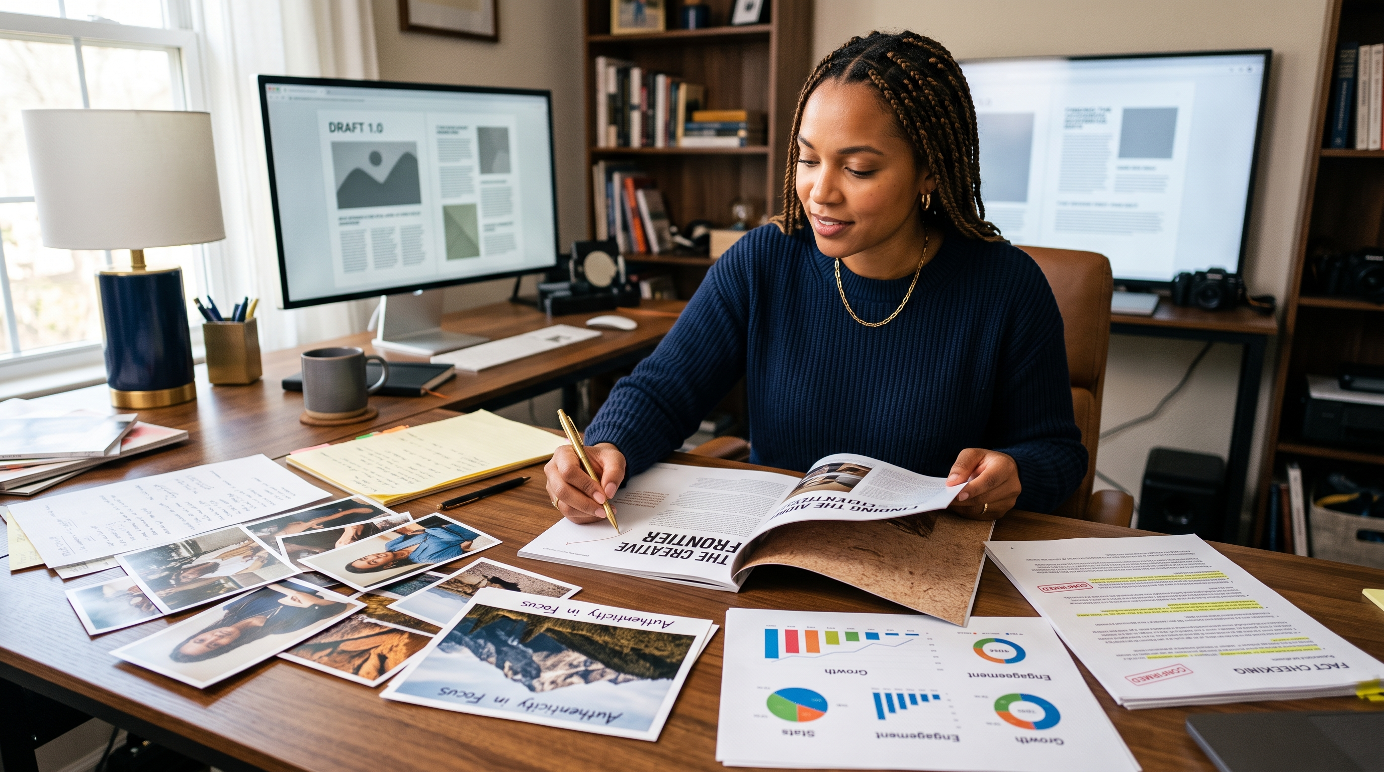 Creator verifying research, analytics and original materials before approving an AI-assisted project