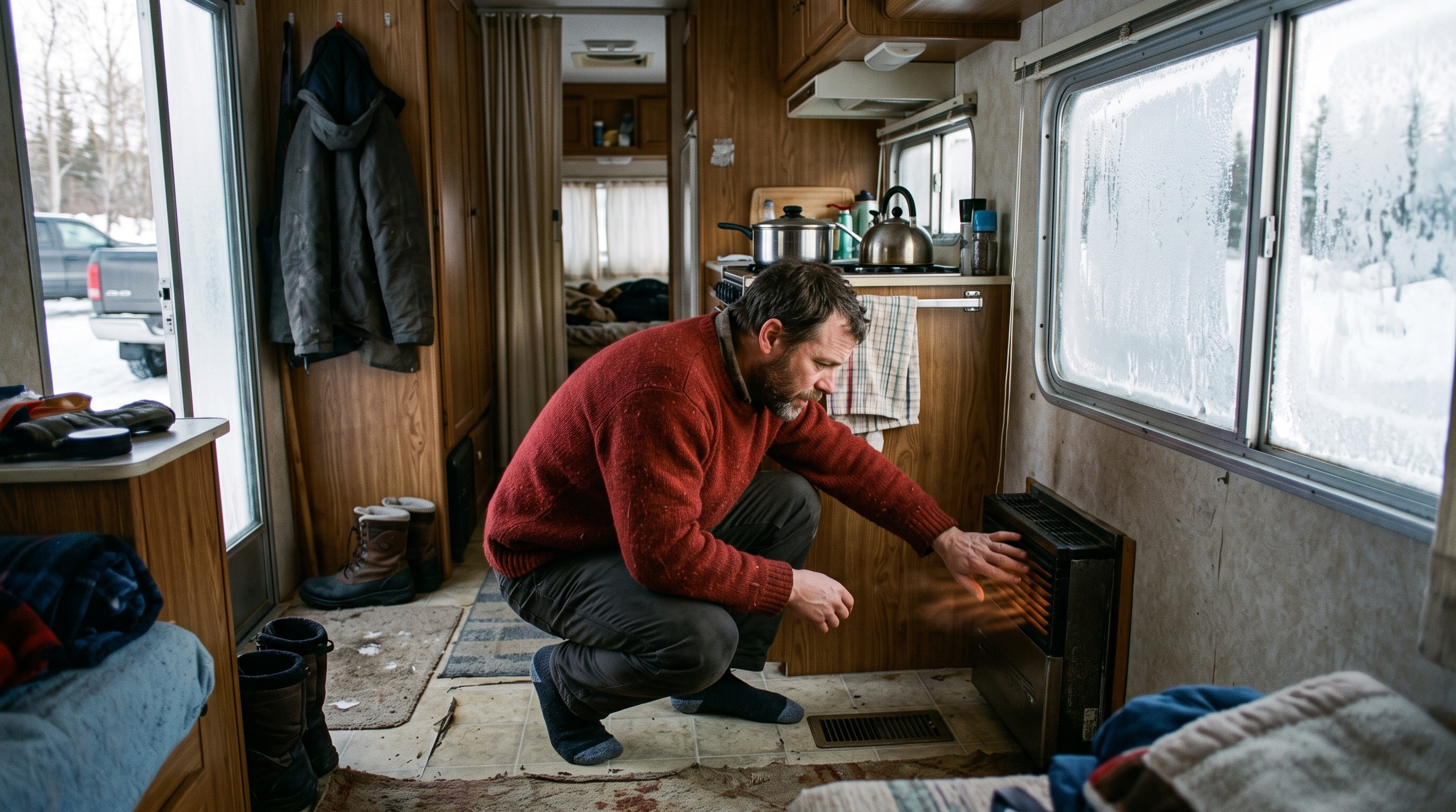 Cold travel trailer interior in winter with a working furnace and frost near a window