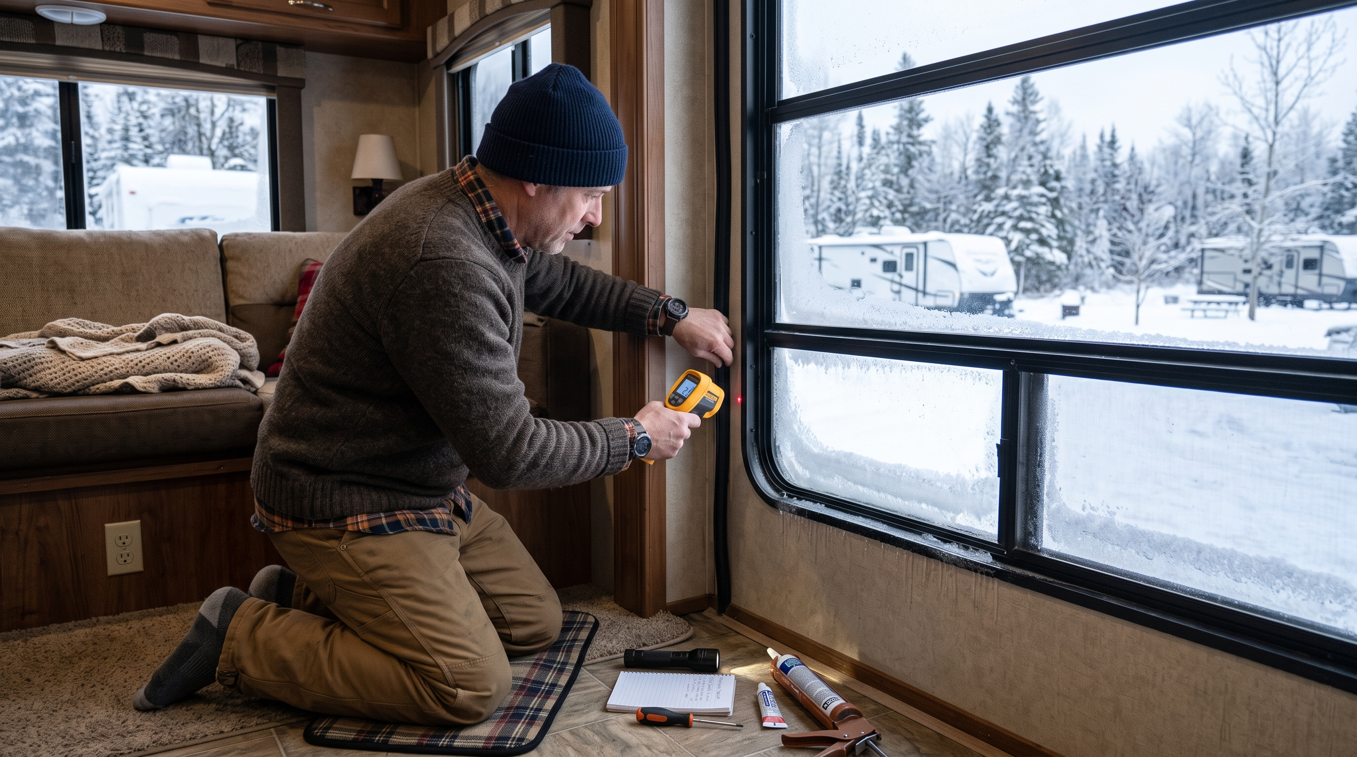 RV owner checking a slide seal and window area with an infrared thermometer