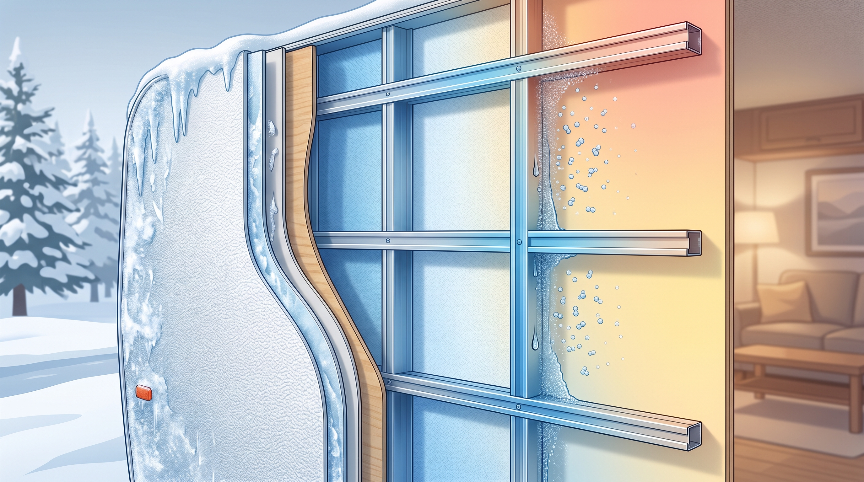 Cutaway illustration showing heat moving through metal framing in an insulated RV wall