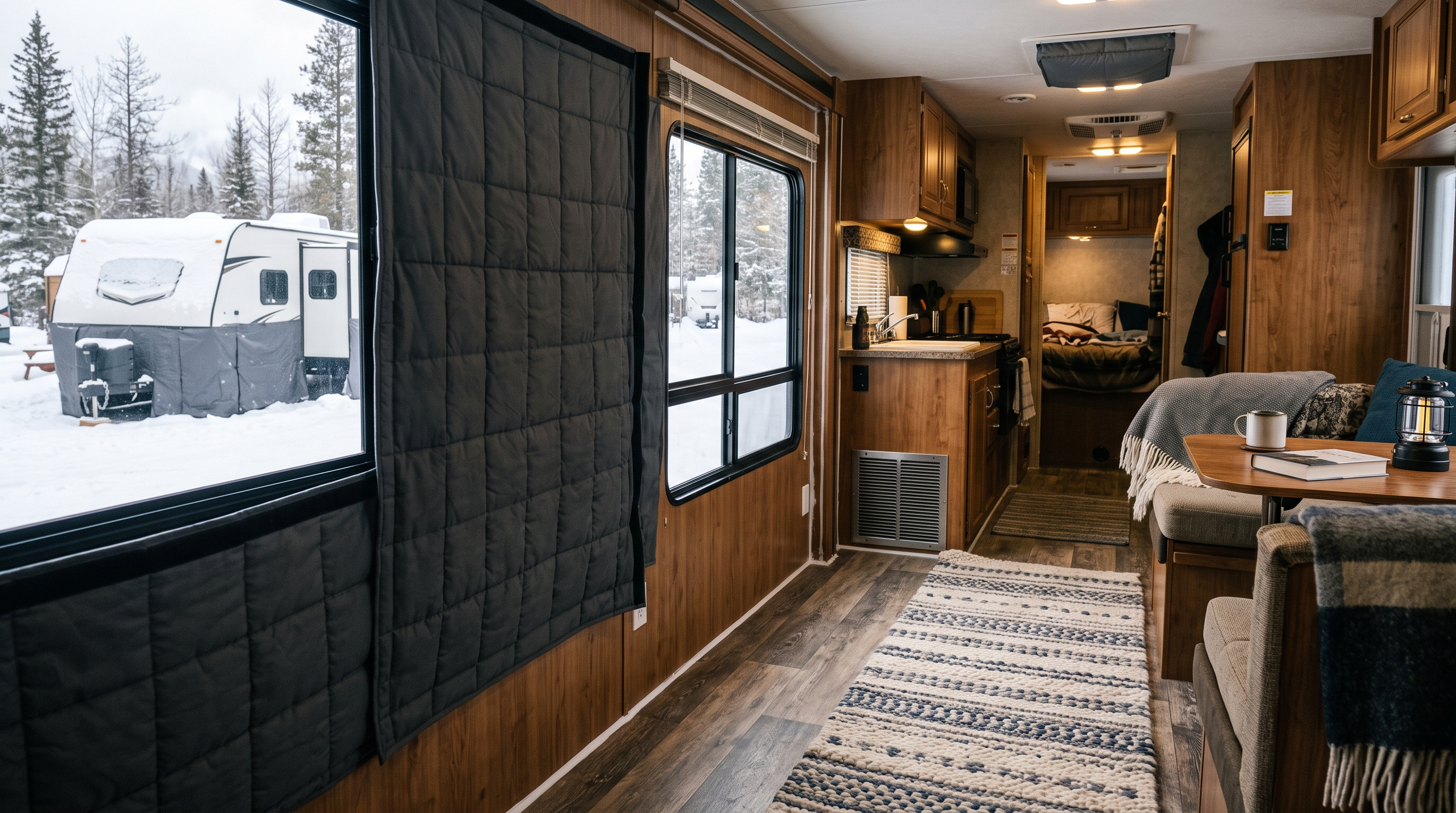 Travel trailer prepared for cold weather with window insulation, rugs and exterior skirting