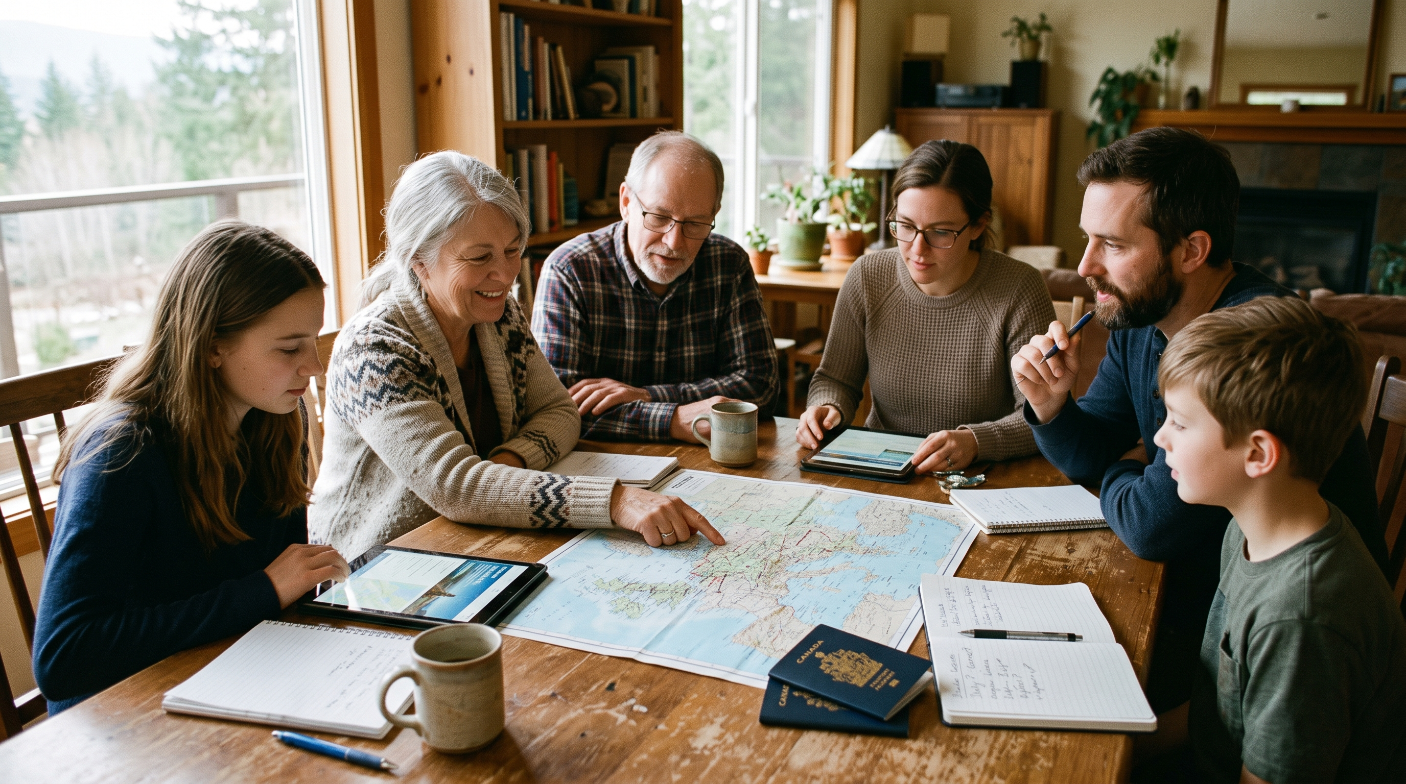 Three generations of a family planning a vacation together around a table