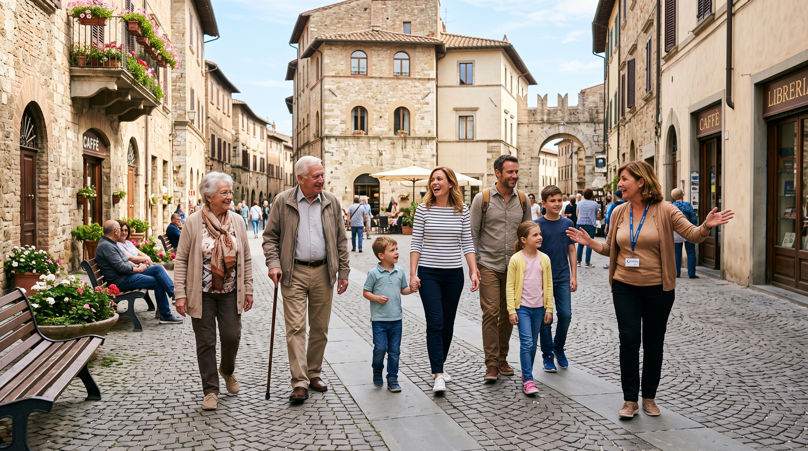 Multigenerational family enjoying a relaxed accessible walking tour in a European town