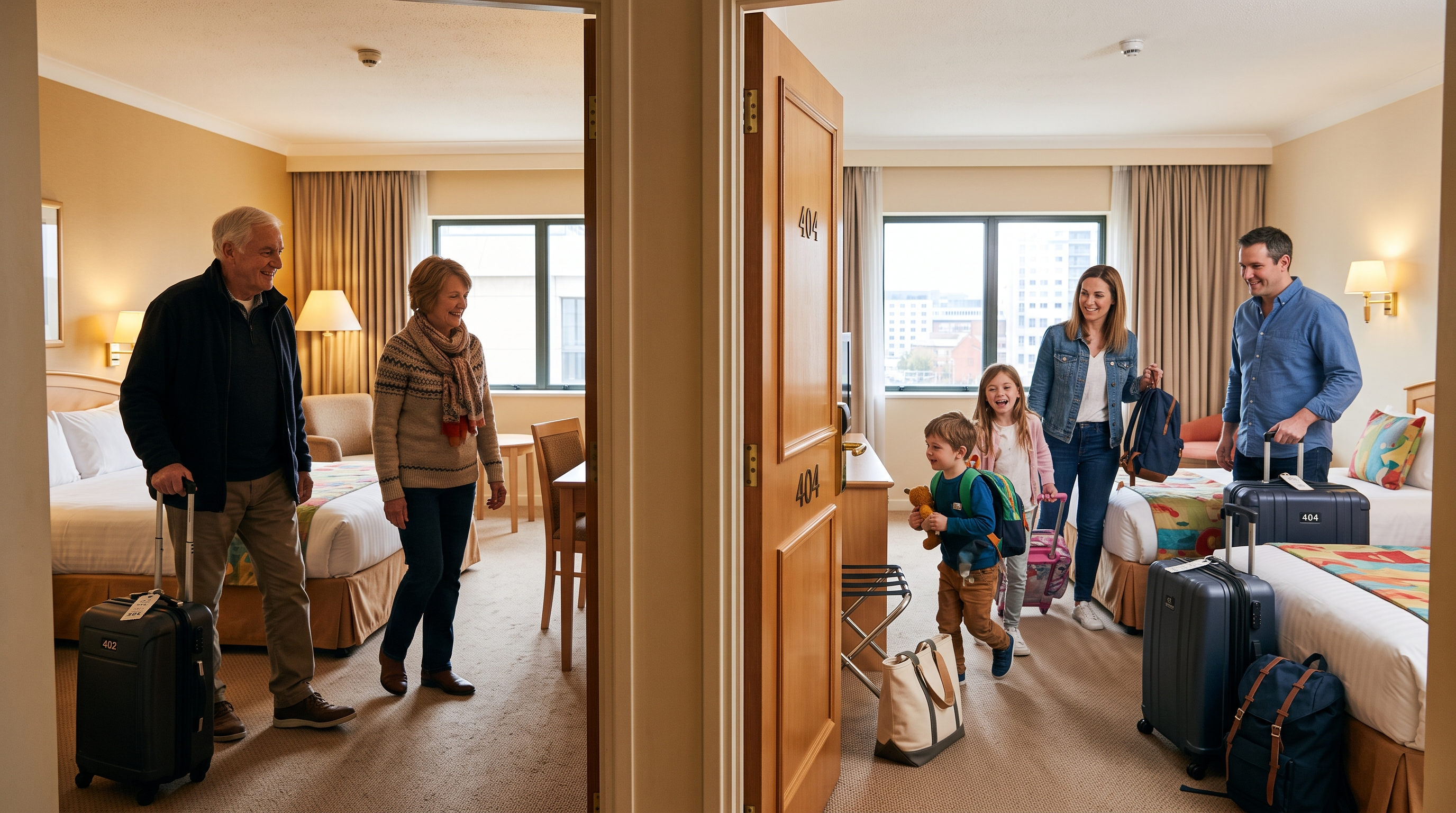 Family checking adjoining hotel rooms arranged for grandparents, parents and children