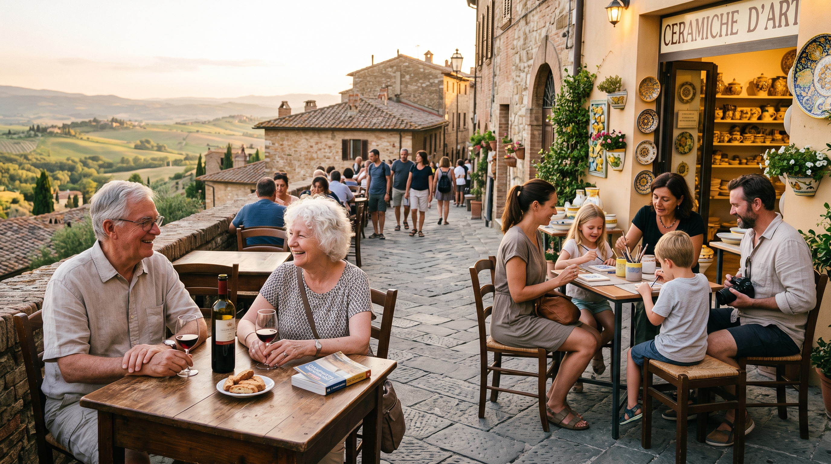 Grandparents relaxing at a cafe while parents and children enjoy a nearby activity