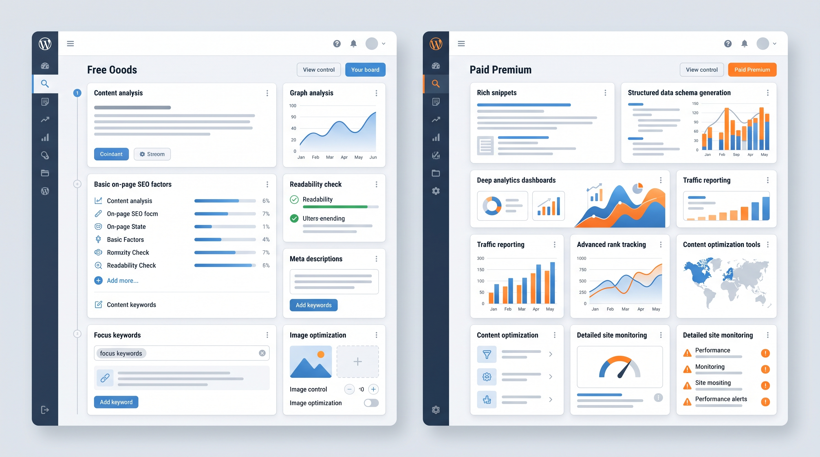 Conceptual comparison of free and paid SEO tools for a WordPress website