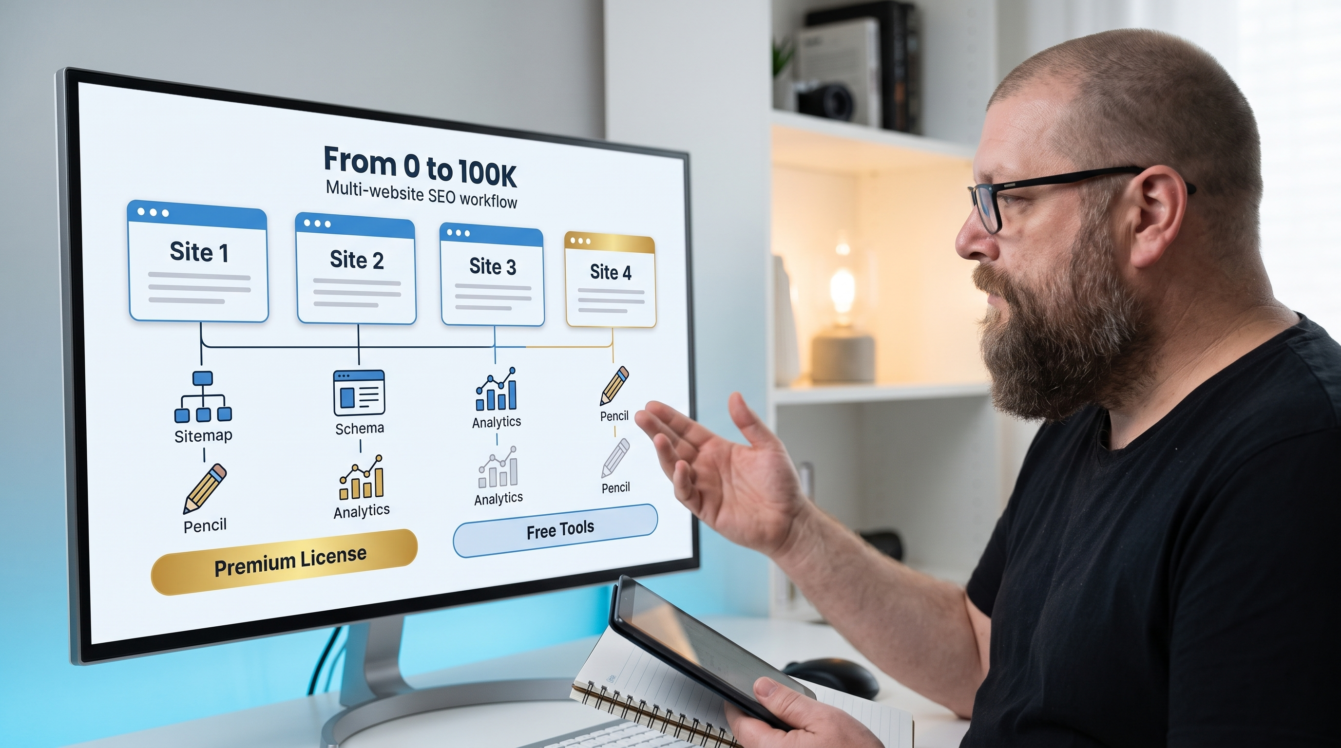 Organized multi-site SEO workflow showing schema, sitemaps, analytics and content checks