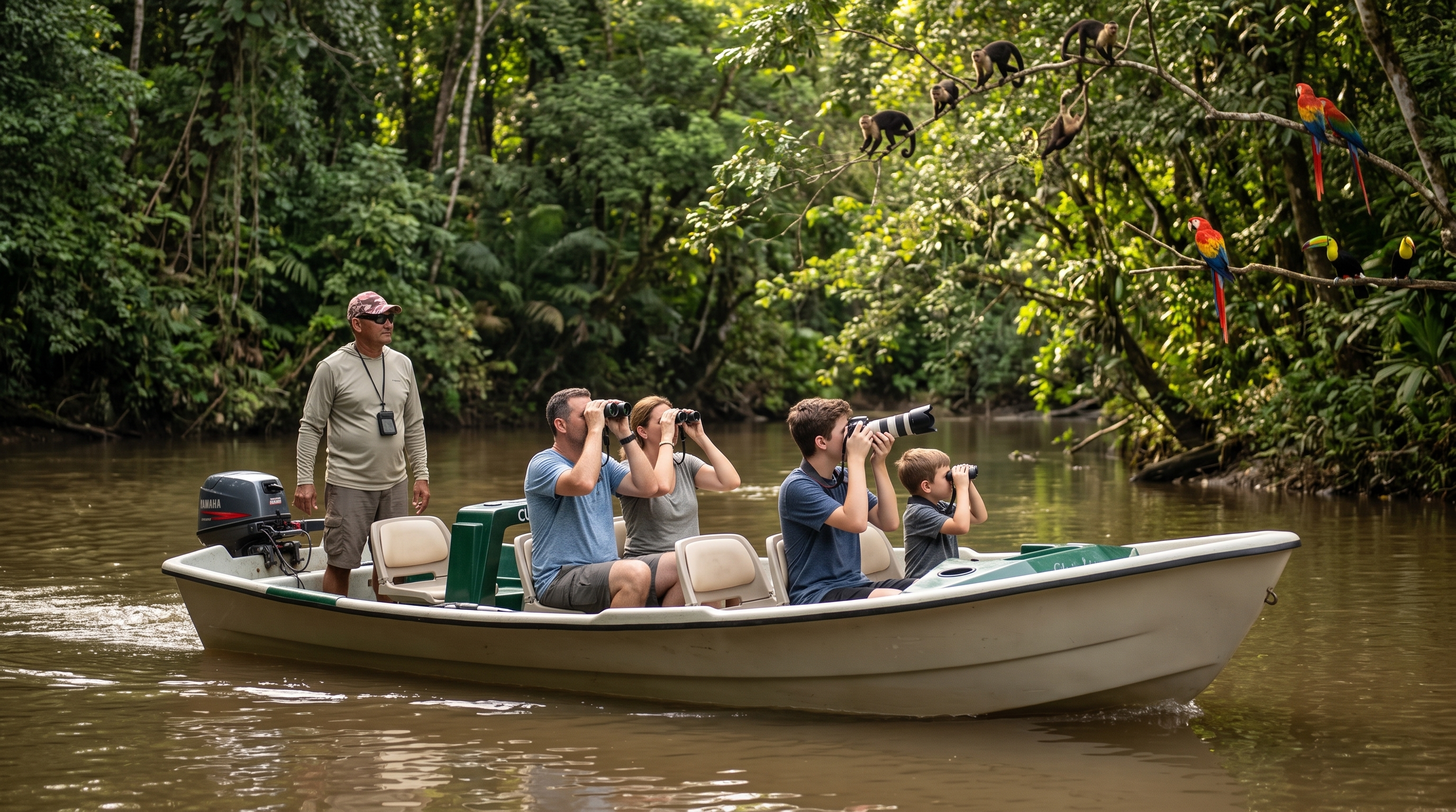 Small guided wildlife boat carrying travellers with binoculars and cameras on a Costa Rican river
