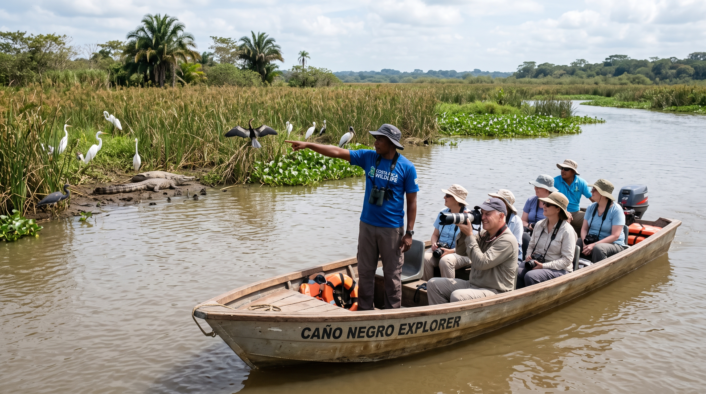 Northern Costa Rican wetland with a small wildlife boat, waterbirds and a distant caiman