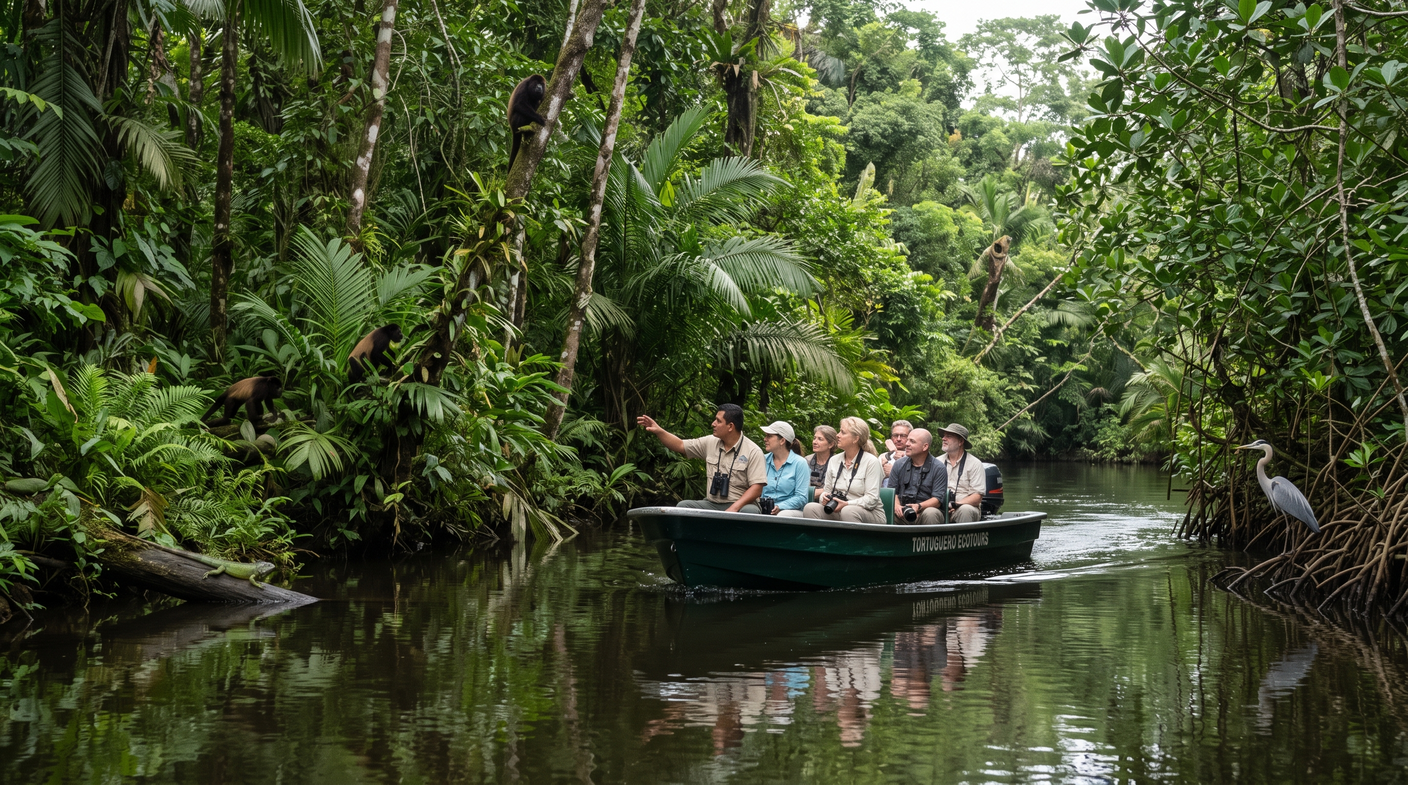 Small wildlife boat travelling through a Costa Rican rainforest canal and mangrove habitat