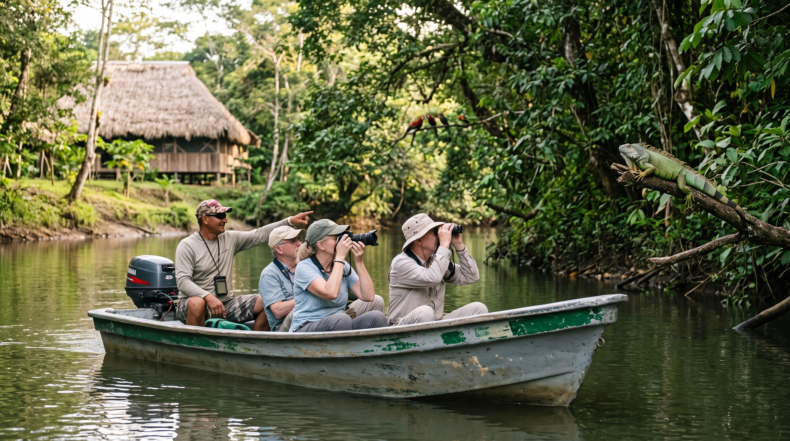 Local guide leading a quiet small-boat wildlife float on the Rio Nino in northern Costa Rica