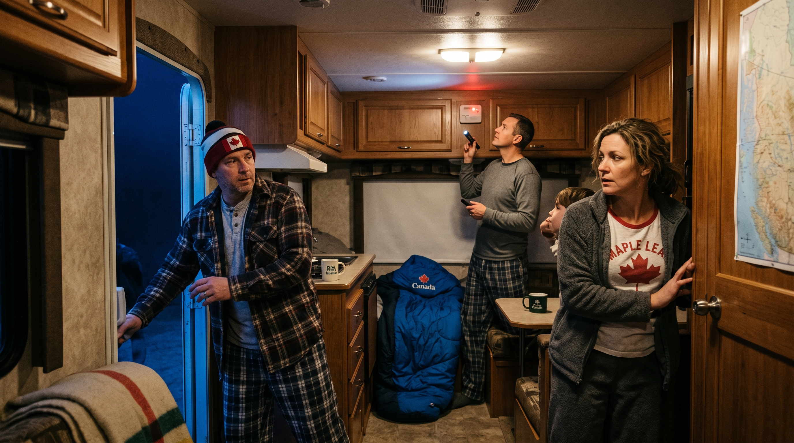 RV family calmly leaving a travel trailer after a carbon monoxide alarm sounds at night