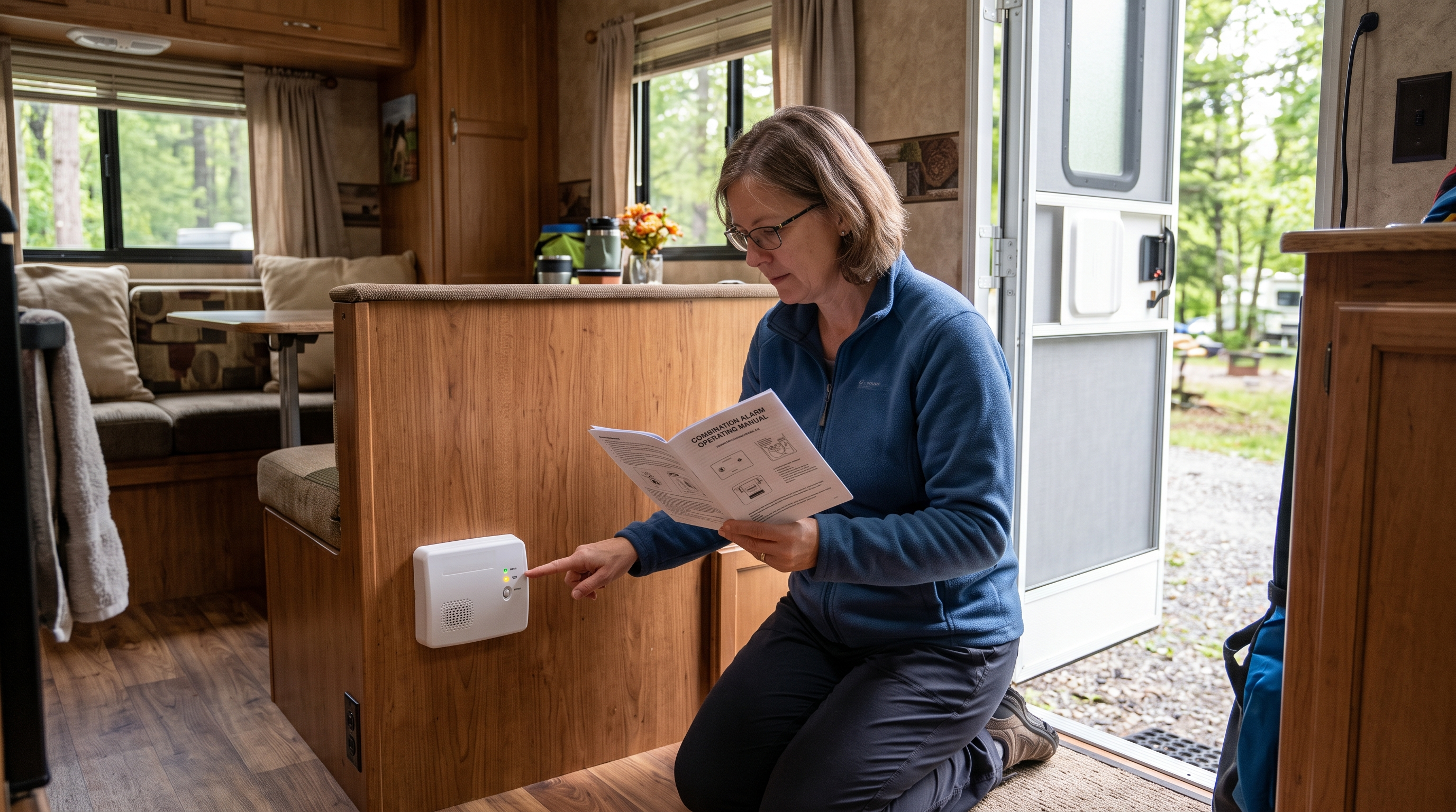 RV owner checking the indicator lights on a combination carbon monoxide and propane alarm with the door open