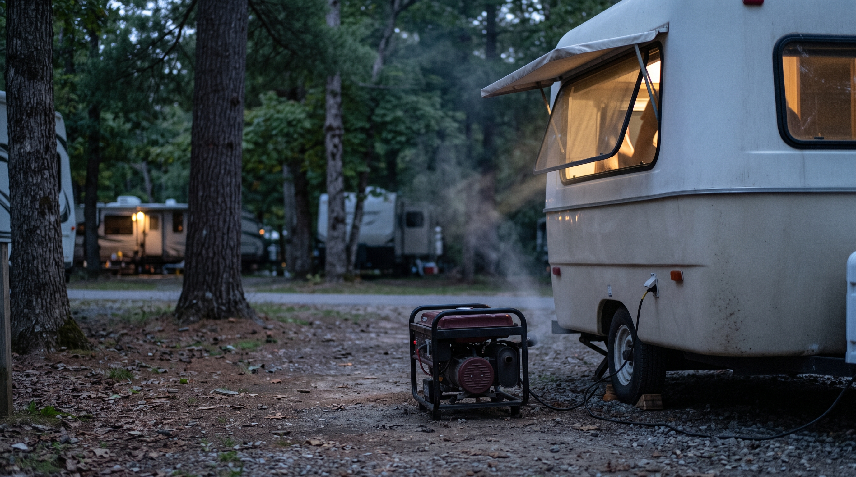 Portable generator positioned dangerously close to an RV window at a campsite