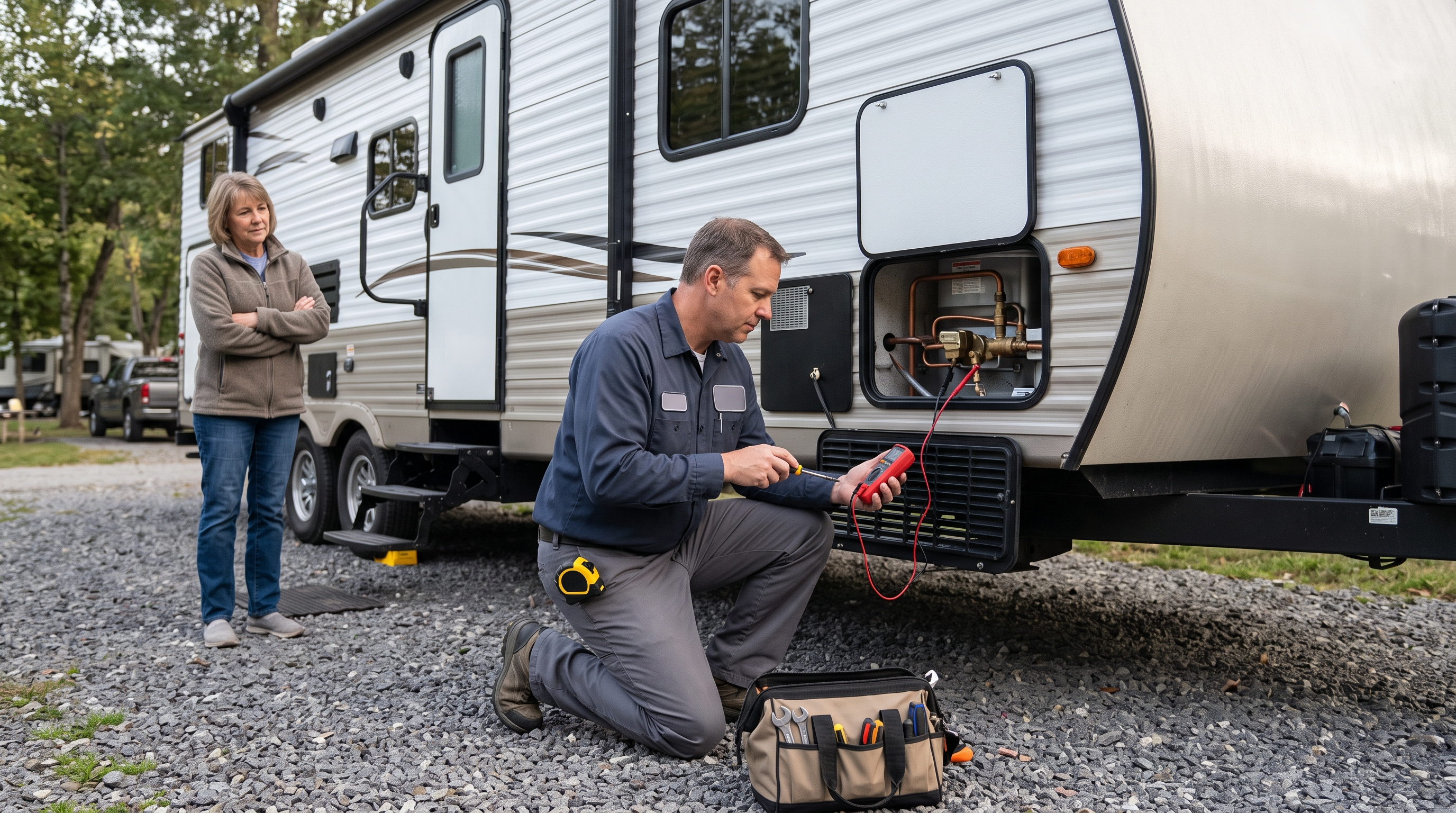 RV service technician inspecting a travel trailer furnace exhaust and propane appliance compartment