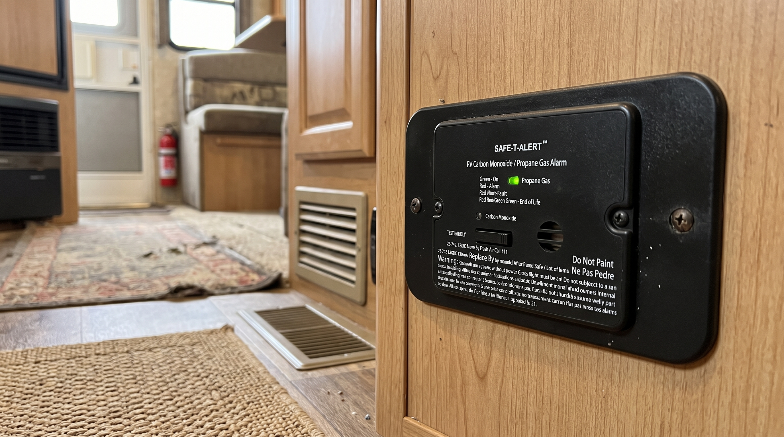 Cleaned editorial image of a Safe-T-Alert 25-742 RV carbon monoxide and propane alarm
