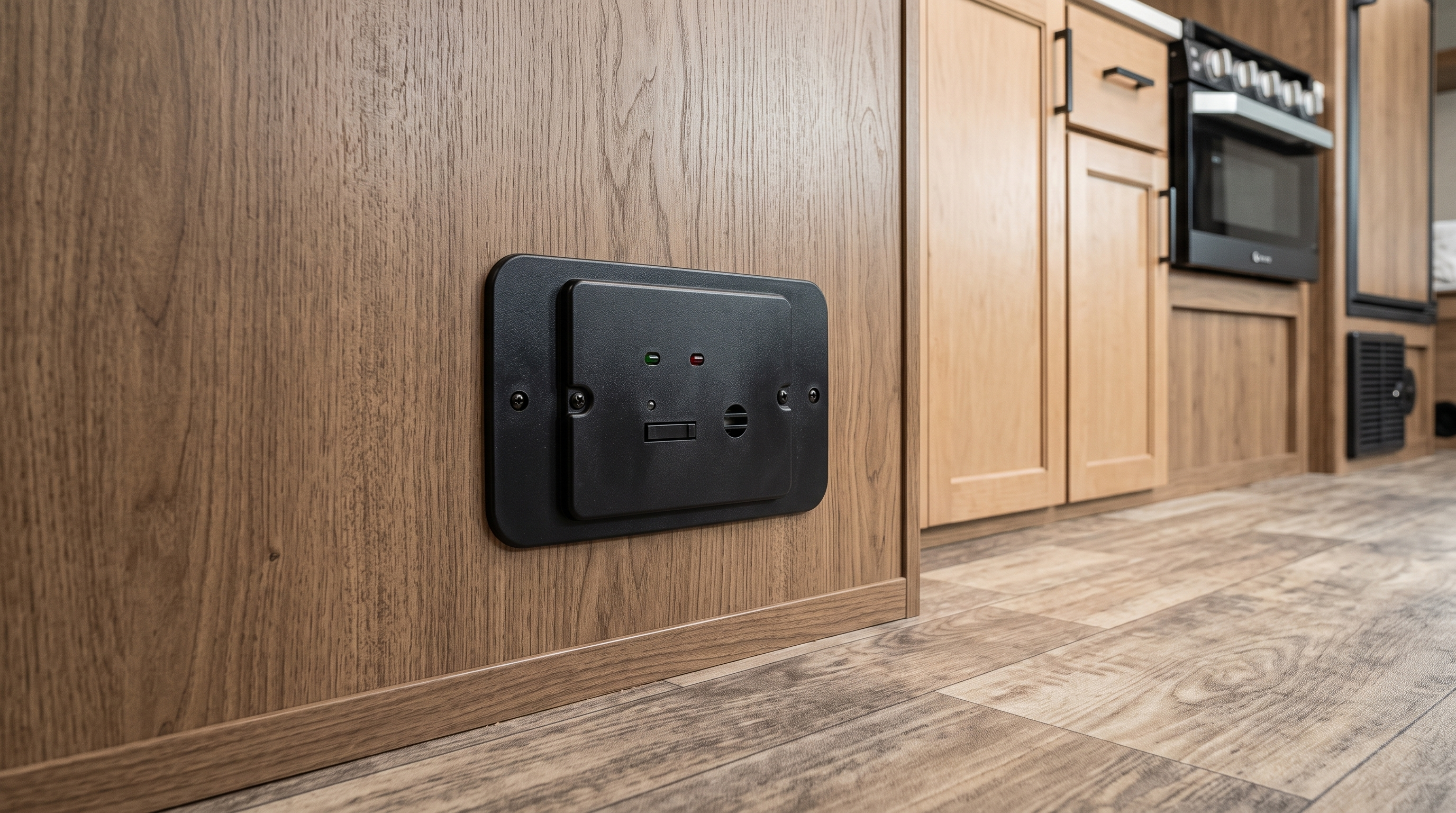 Generic dual carbon monoxide and propane alarm installed flush near the floor of a travel trailer
