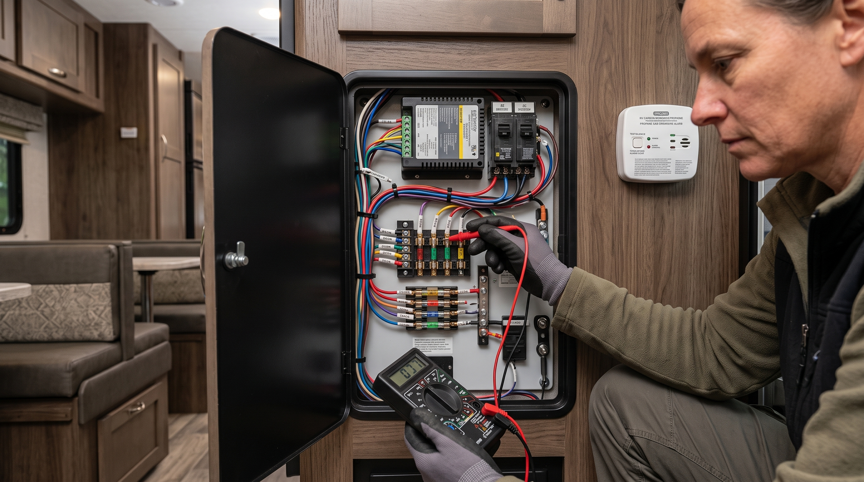 RV owner checking the 12-volt electrical system with a multimeter before replacing a safety alarm