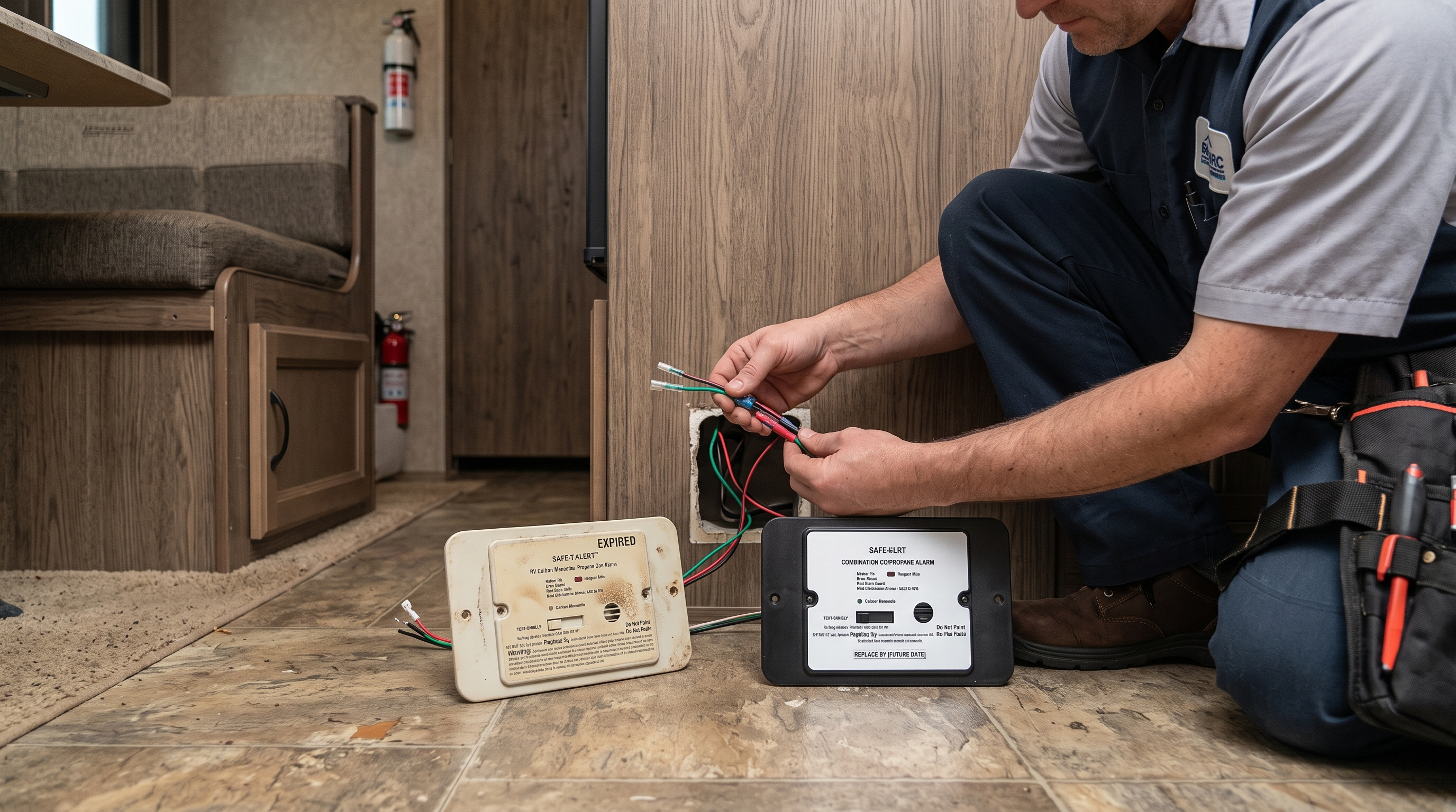 RV technician replacing an expired flush-mounted combination carbon monoxide and propane alarm