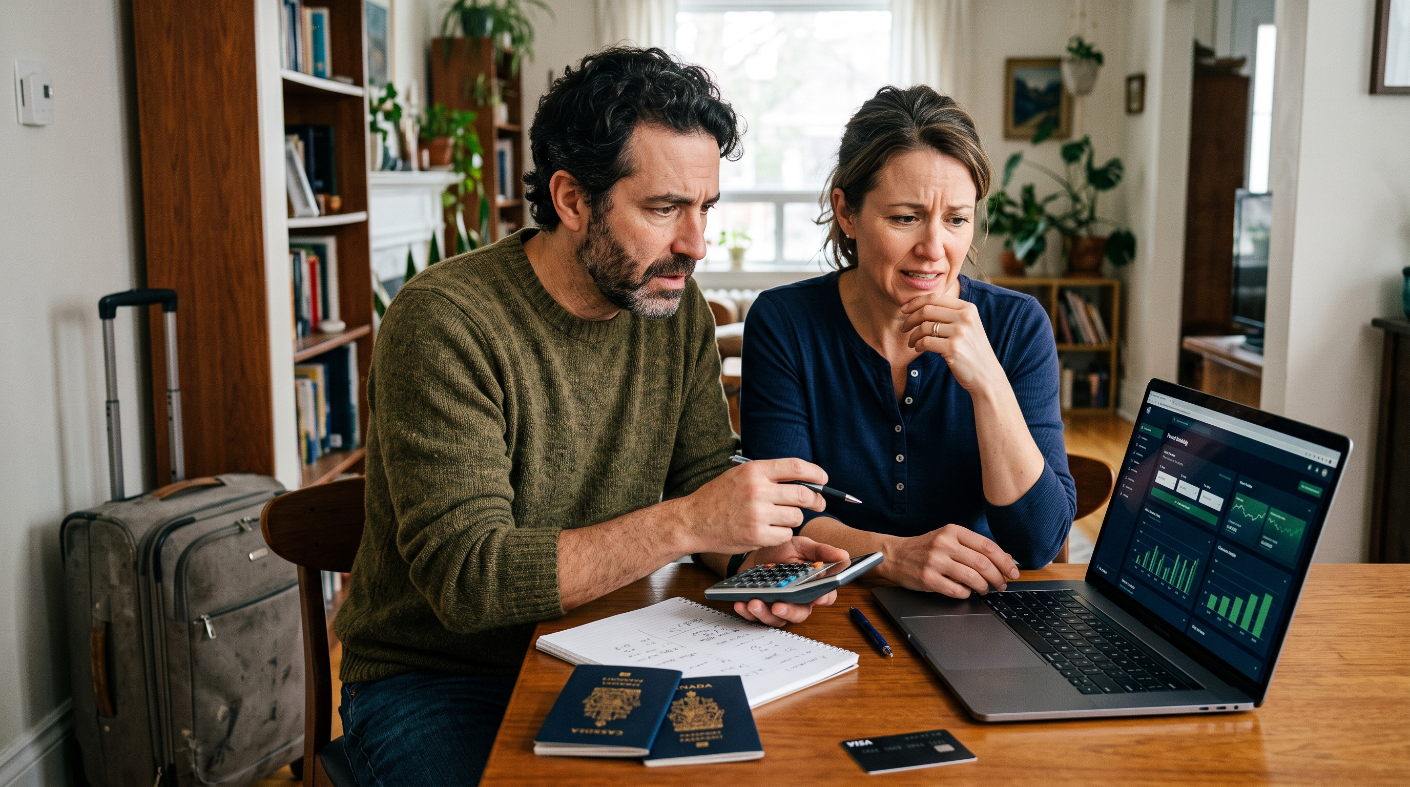 Couple reviewing a travel budget, passports and booking fees before a trip