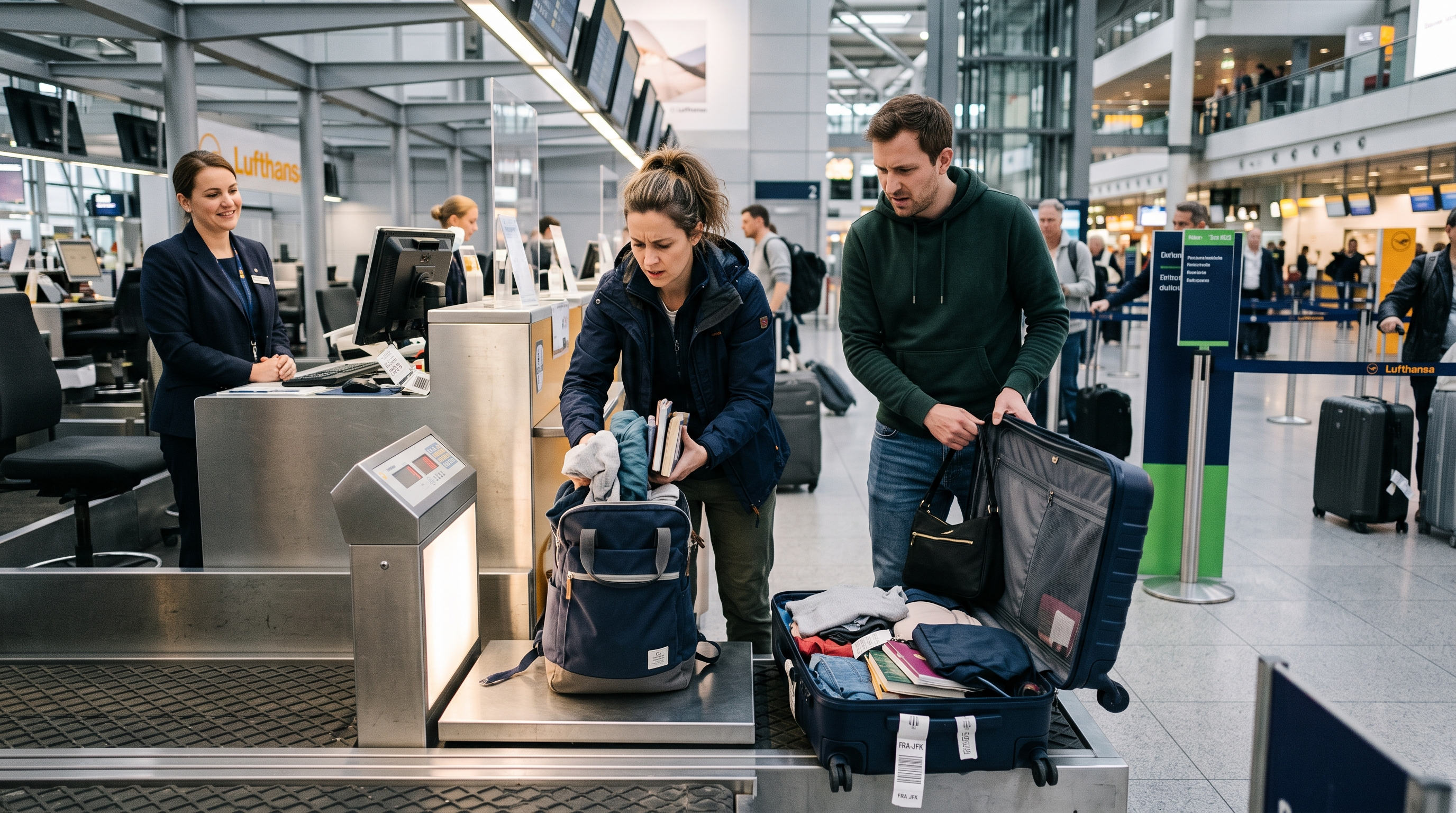 Travellers reorganizing luggage at an airport check-in counter after discovering baggage limits