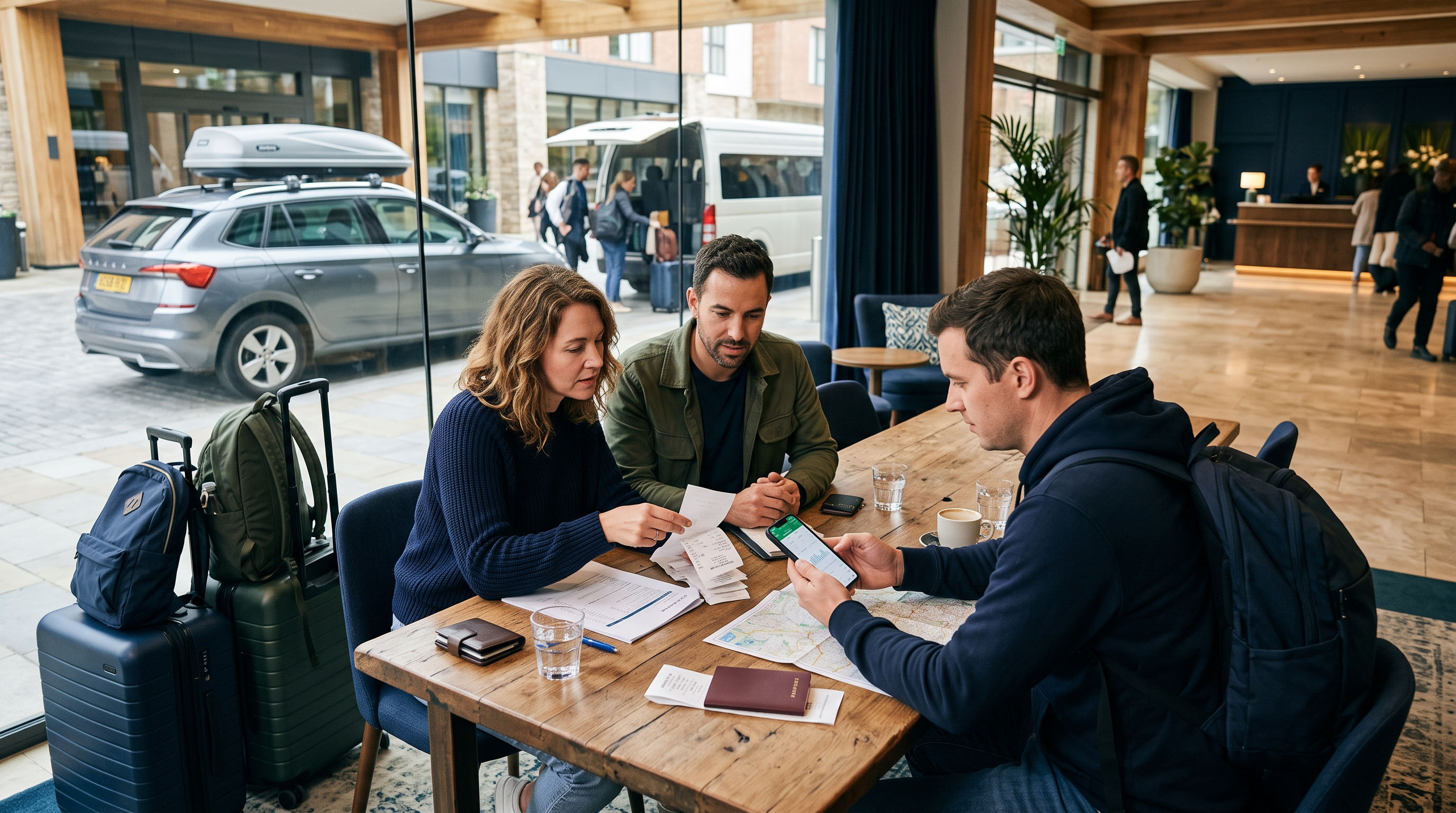 Travellers at a hotel table comparing receipts, transport costs and a booking confirmation