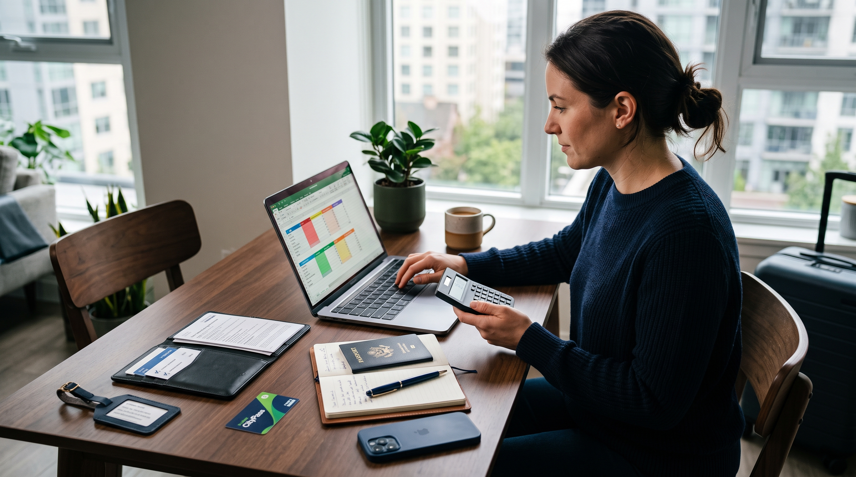 Traveller using a spreadsheet and calculator to compare the complete cost of several trips