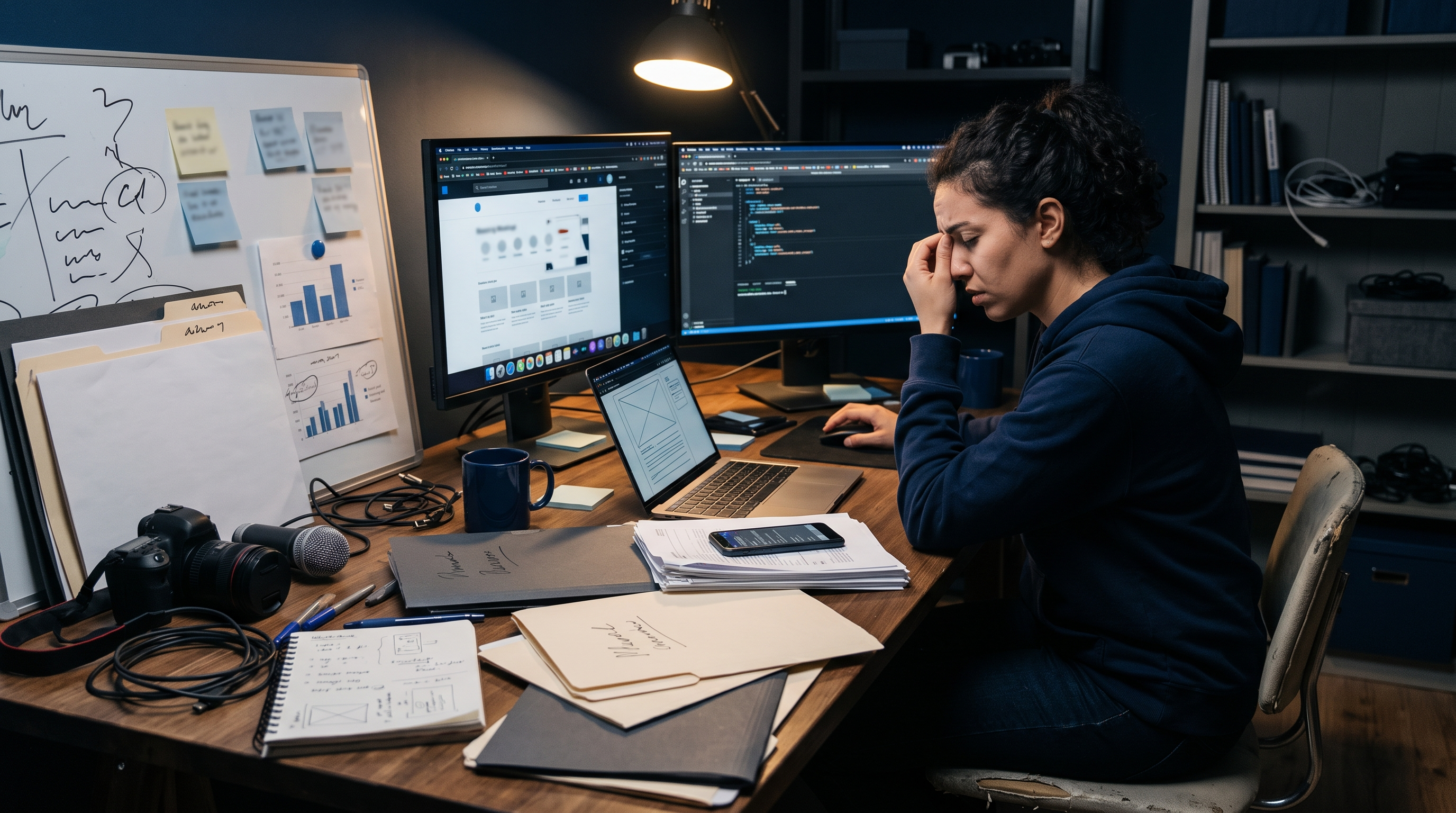 Tired online business owner surrounded by screens, drafts and unfinished website tasks