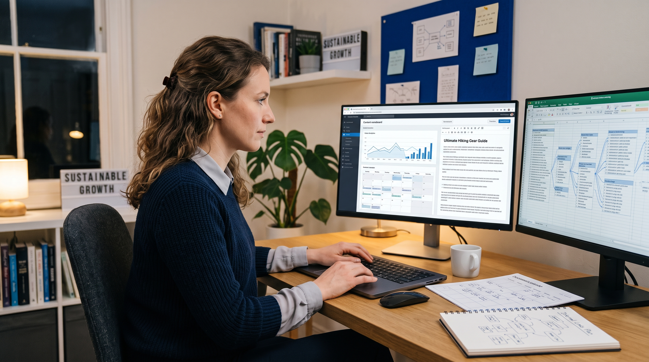 Focused website owner reviewing an affiliate content plan and analytics on two monitors