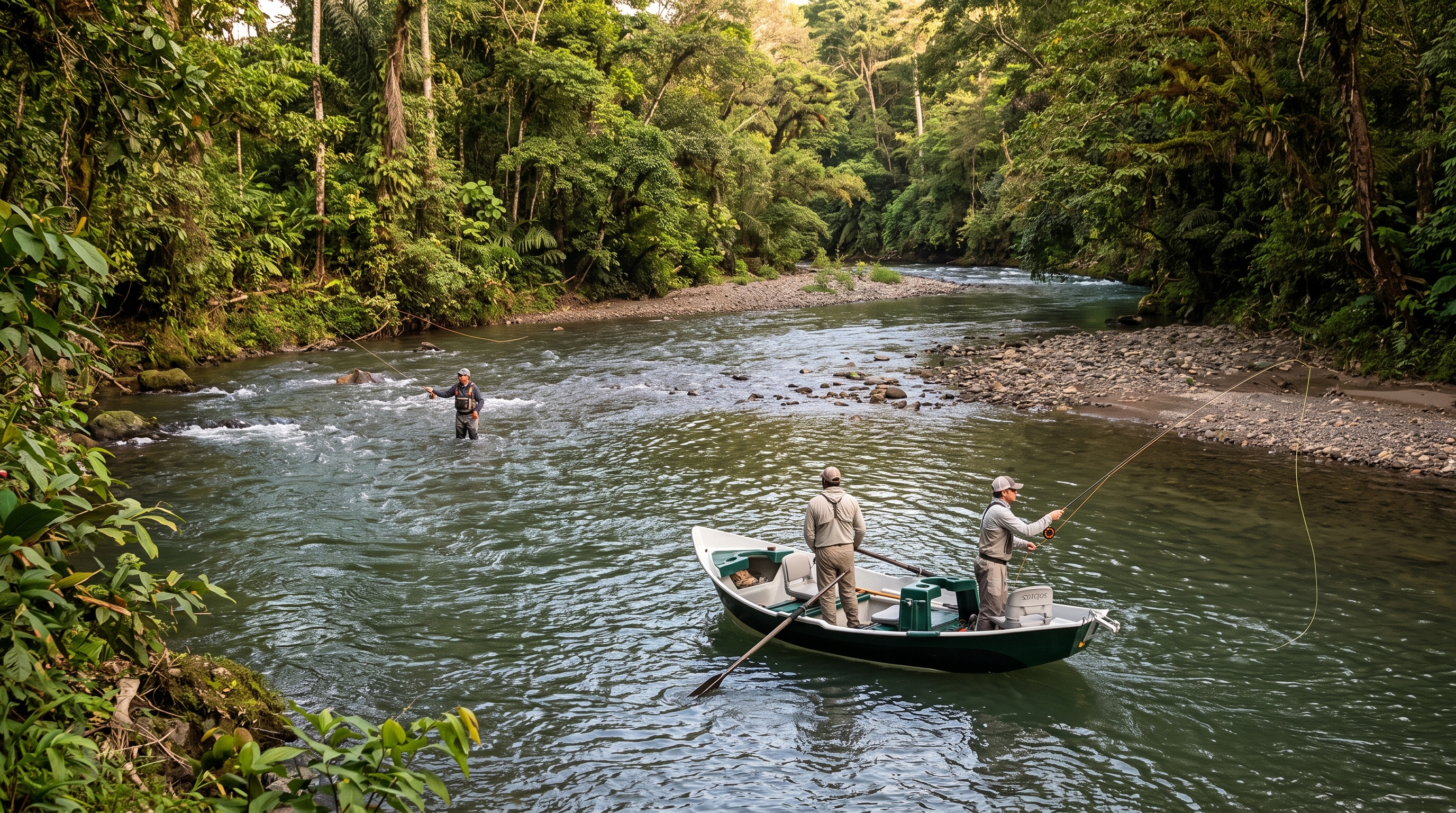 Fly anglers comparing drift boat fishing and wading on a tropical river