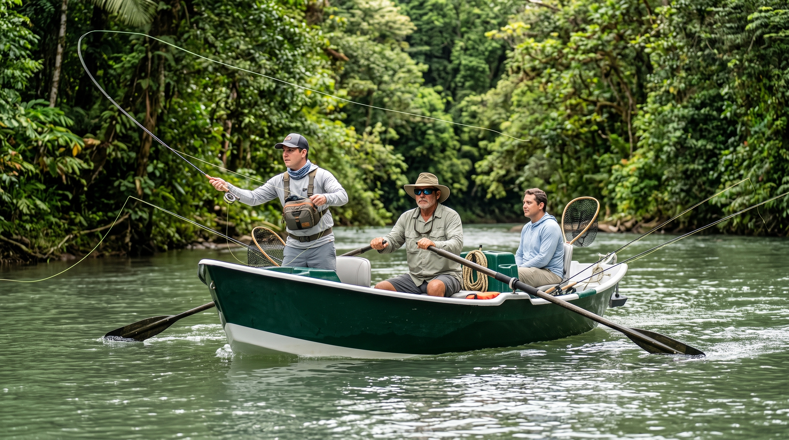 Two anglers fly fishing from a green drift boat while a guide rows on a Costa Rican river