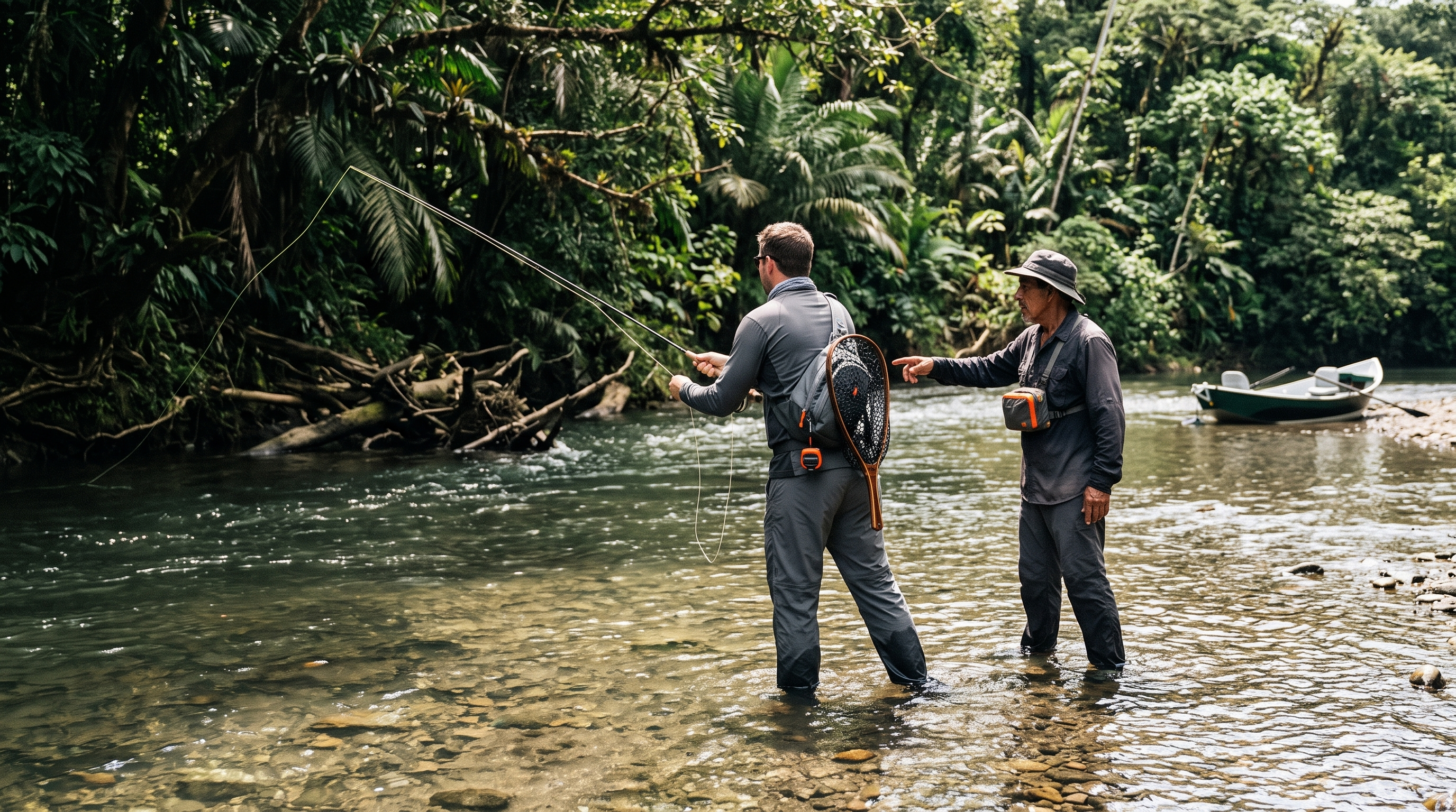 Fly fishing guide helping an angler wade and cast near jungle river structure