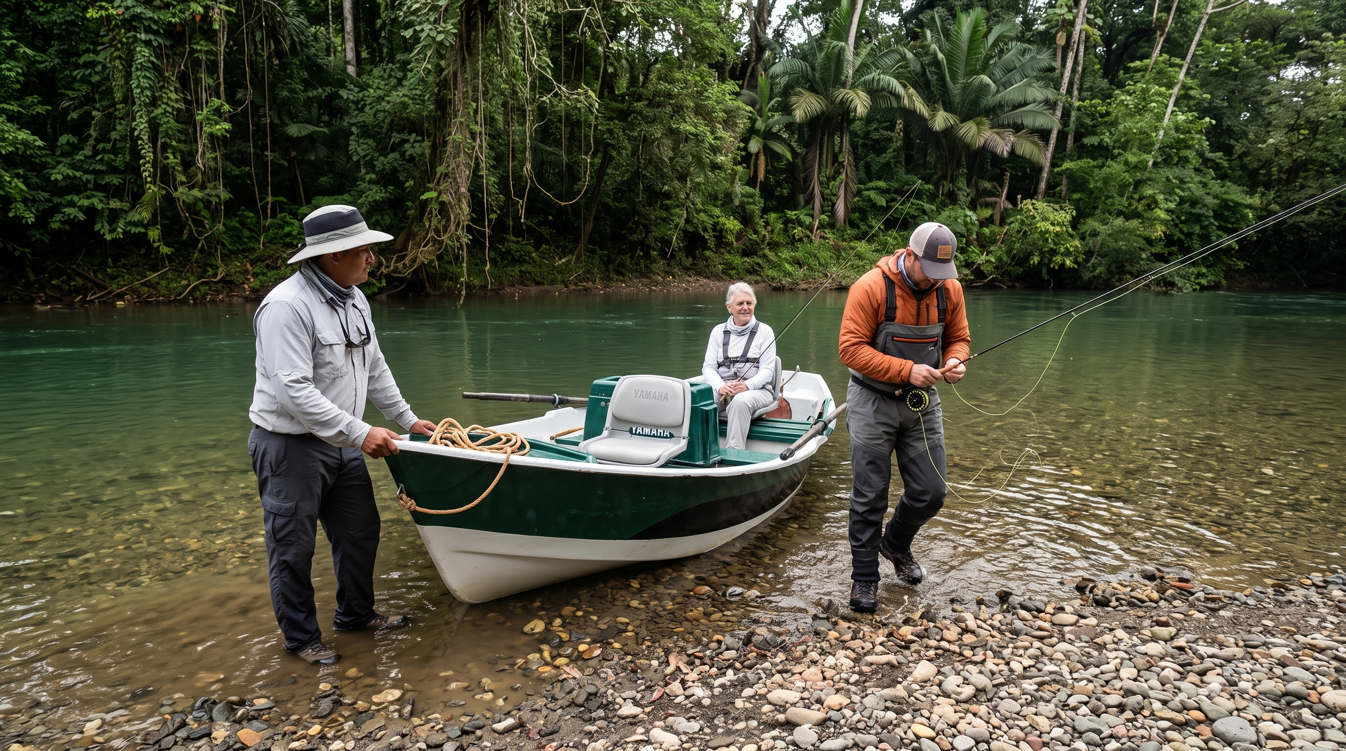 Guide and anglers moving between a drift boat and a wading stop on the Rio Nino