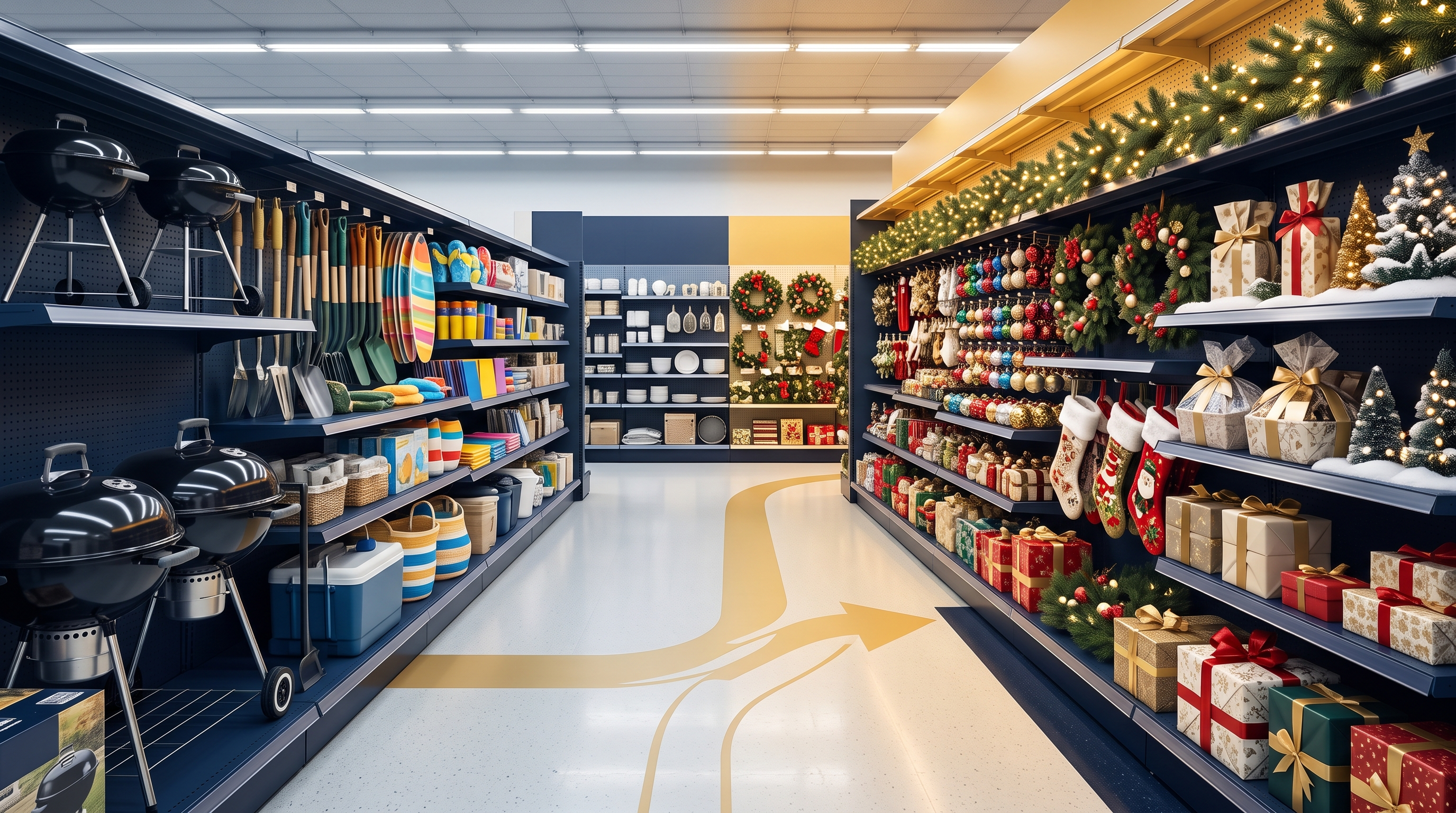 Retail aisle transitioning from summer and back-to-school merchandise into early Christmas displays