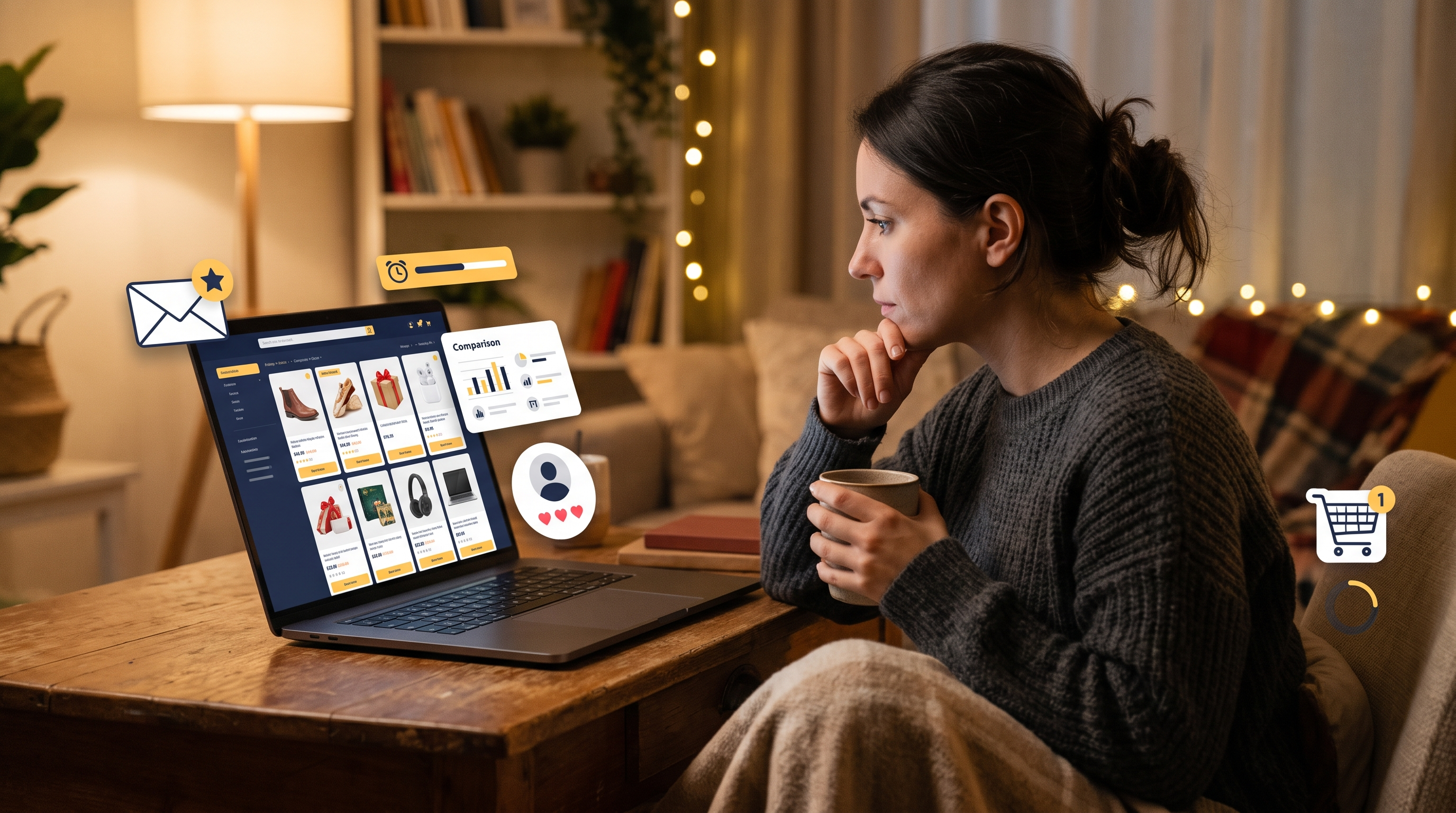 Online shopper thoughtfully comparing useful holiday offers instead of reacting to pressure