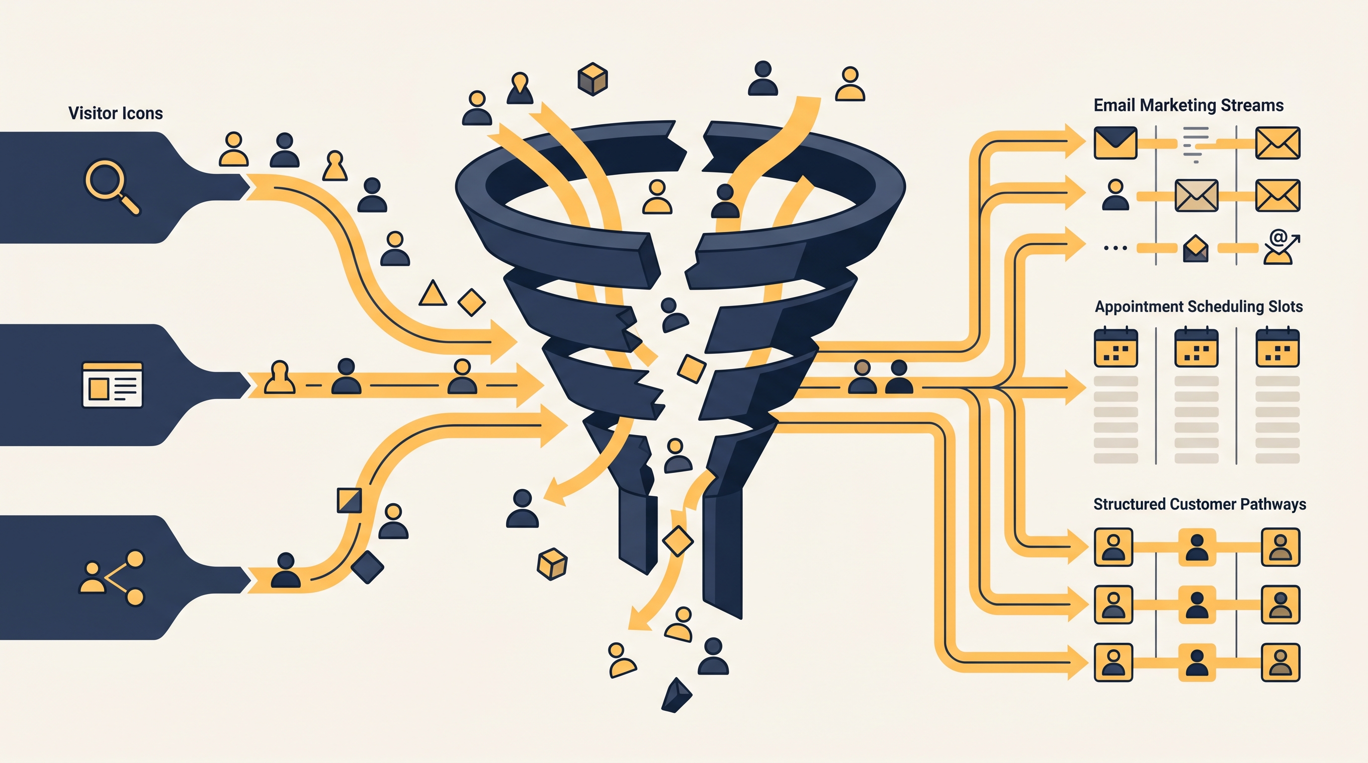 Website traffic entering a broken funnel compared with an organized follow-up system