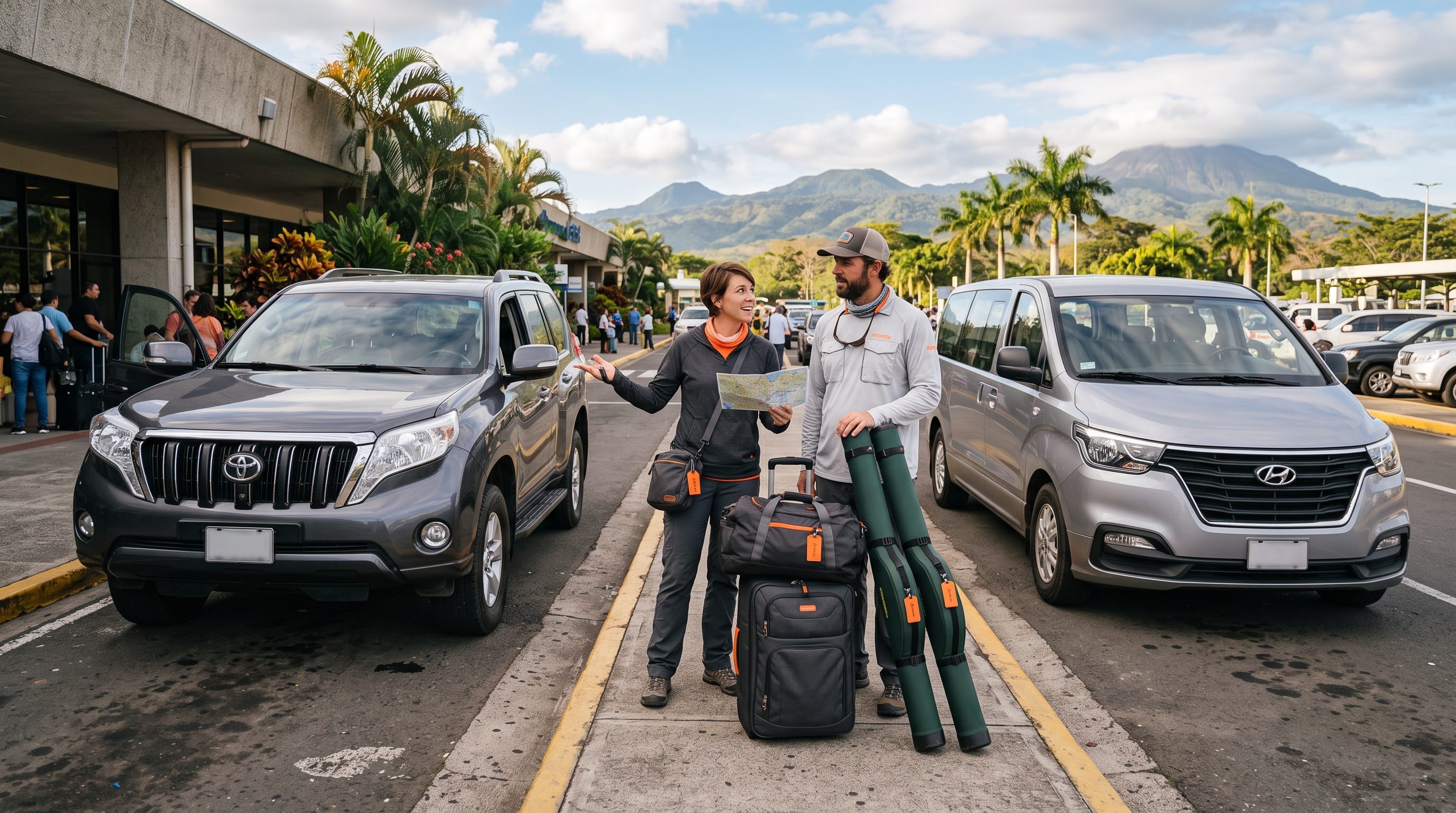 Fly-fishing travellers choosing between a rental vehicle and private airport transfer in Costa Rica