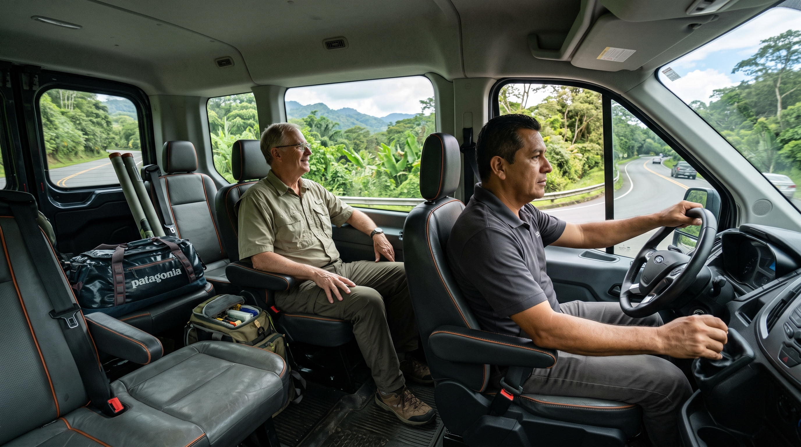 Fly-fishing travellers riding through Northern Costa Rica in a private tourism transfer van