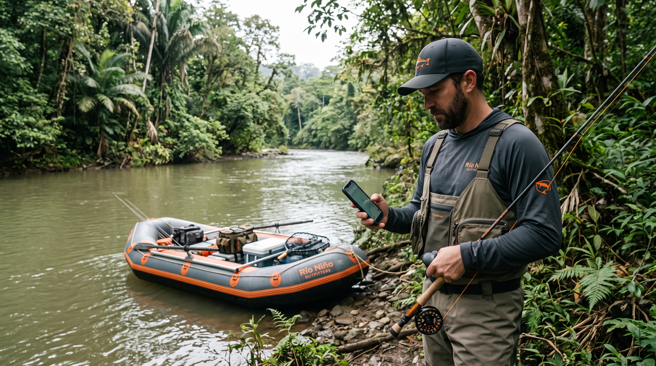 Fly angler checking an eSIM connection beside a tropical river in Northern Costa Rica